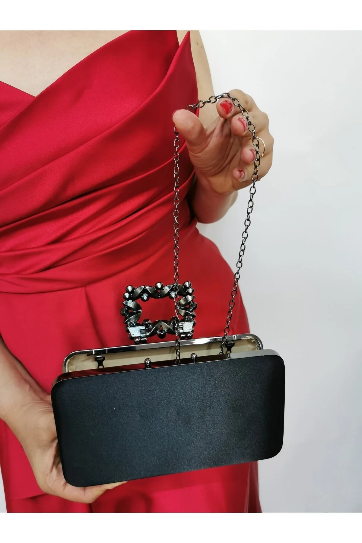 ABİYE TAŞLI TOKALI CLUTCH PORTFÖY EL DÜĞÜN NİŞAN GECE ÇANTASI - SATEN SİYAH