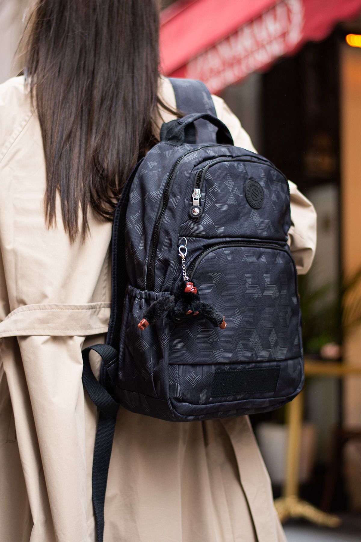 Unisex Suya Dayanıklı Kumaş Laptop Bölmeli 3 Gözlü Okul Seyahat Sırt Çantası - SİYAH DESENLİ