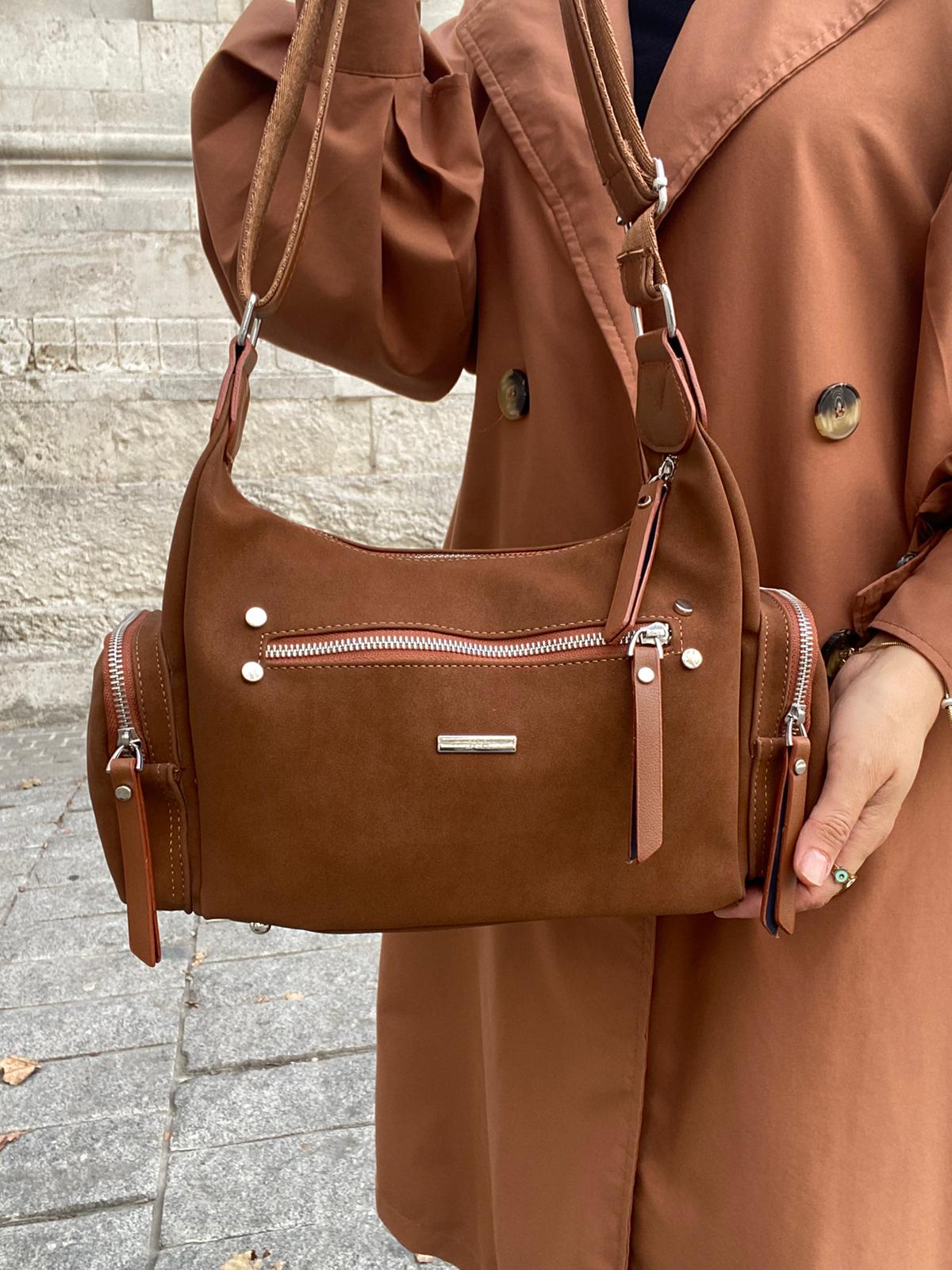 8 BÖLMELİ ASTARLI UZUN ASKILI ÇAPRAZ VE OMUZ ÇANTASI - TABA-NUBUK