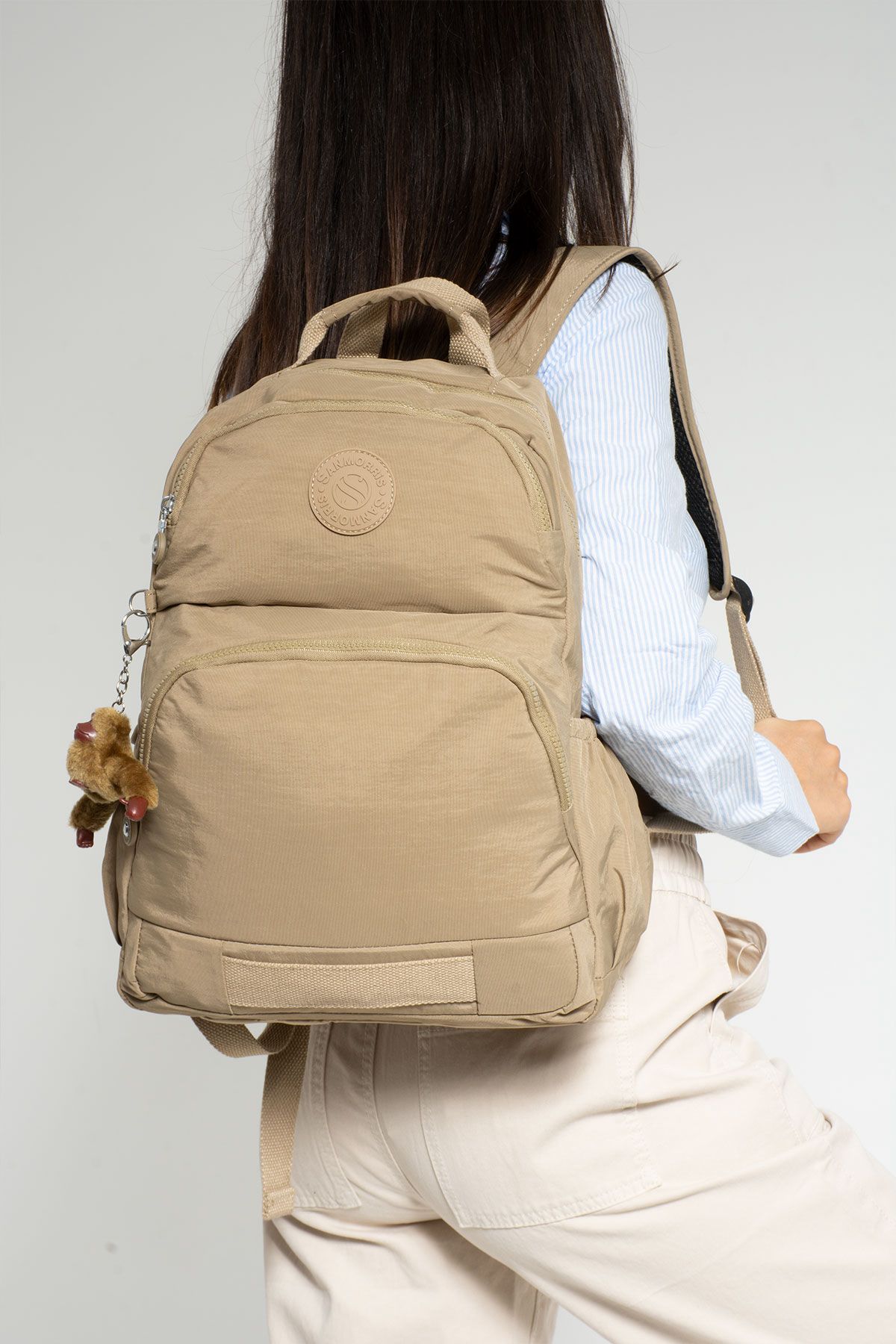 Unisex Suya Dayanıklı Kumaş Laptop Bölmeli 3 Gözlü Okul Seyahat Sırt Çantası - BEJ