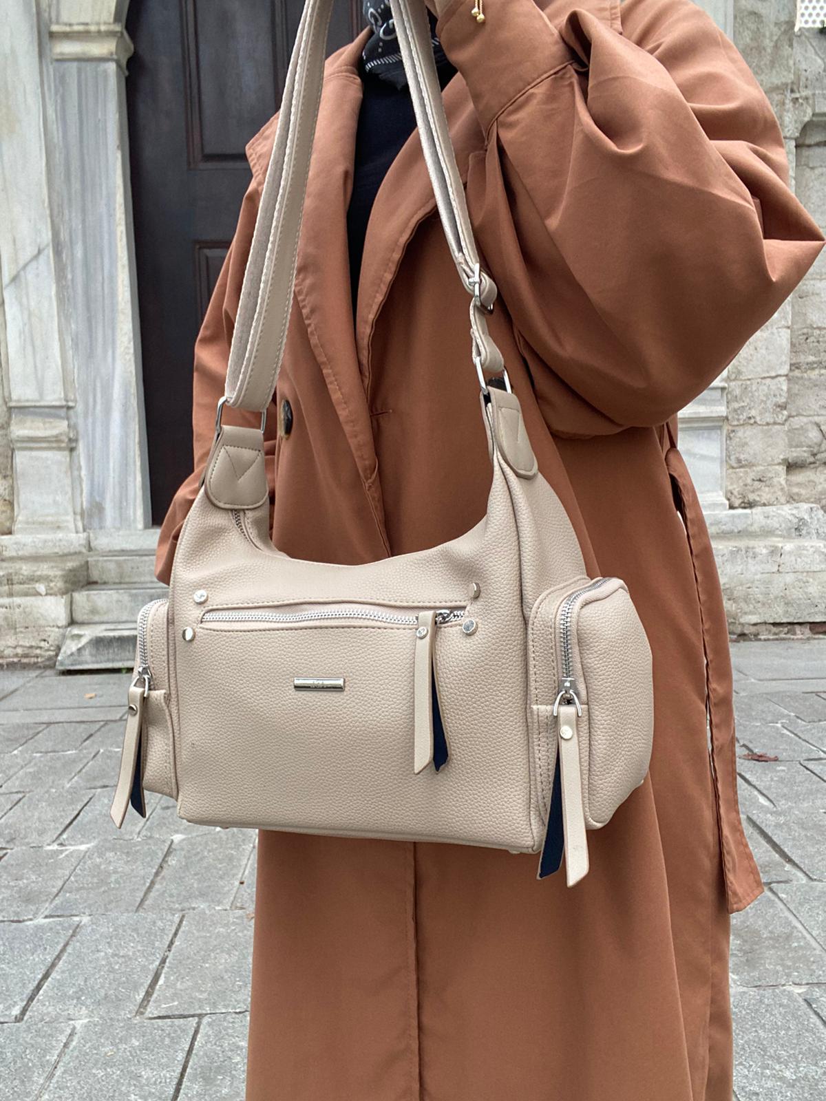 8 BÖLMELİ ASTARLI UZUN ASKILI ÇAPRAZ VE OMUZ ÇANTASI - VİZON