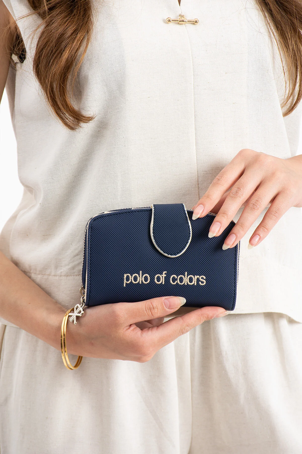 Polo Of Colors Kapaklı El ve Uzun Omuz Askılı Kadın Çanta Cüzdan Takımı - LACİVERT-KREM