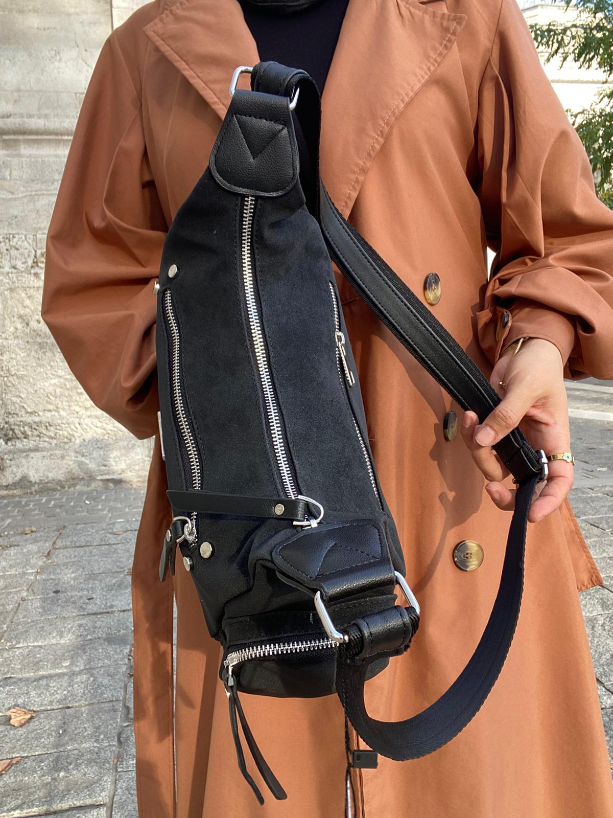 8 BÖLMELİ ASTARLI UZUN ASKILI ÇAPRAZ VE OMUZ ÇANTASI - SİYAH-NUBUK