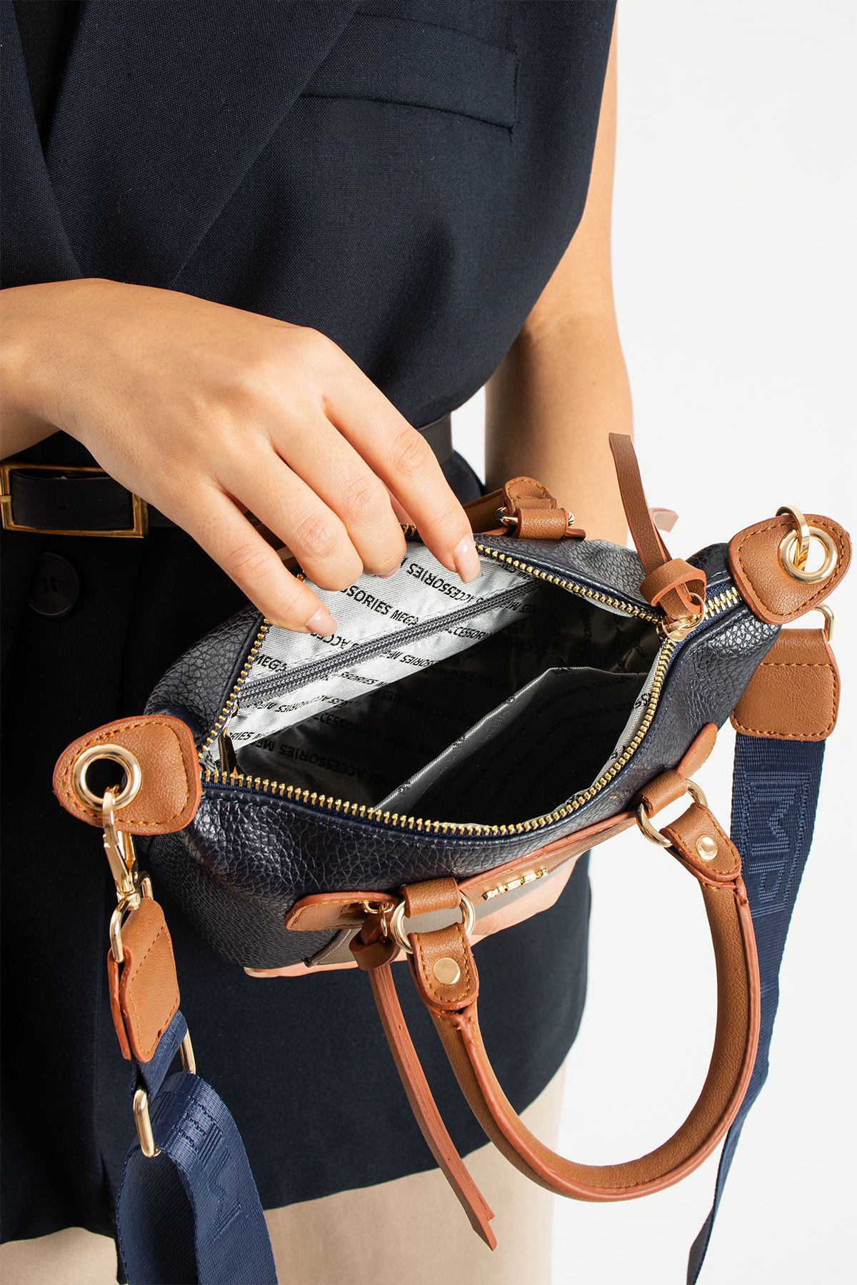 Çok Şık El Ve Omuz Çantası - LACİVERT-TABA