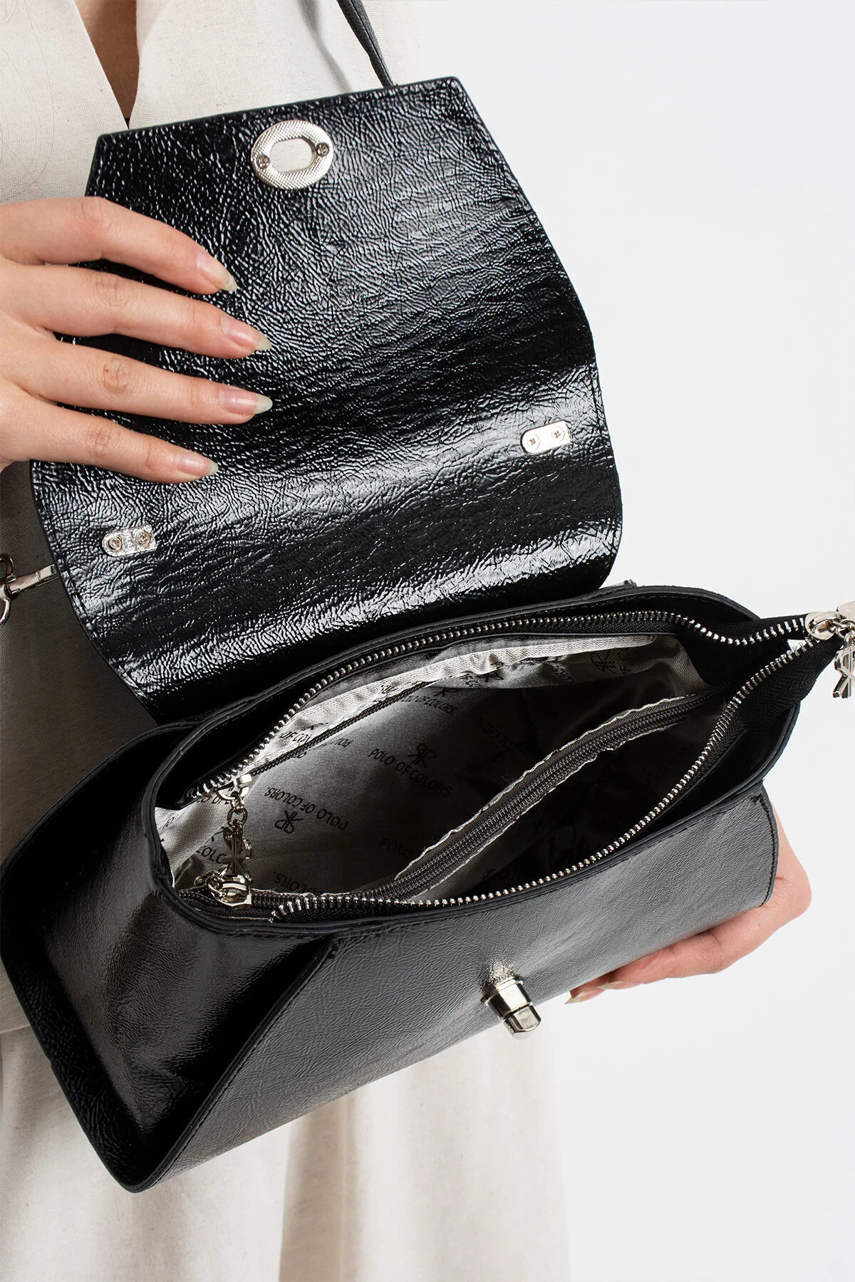 Polo Of Colors Kapaklı El ve Uzun Omuz Askılı Kadın Çanta Cüzdan Takımı - RUGAN SİYAH