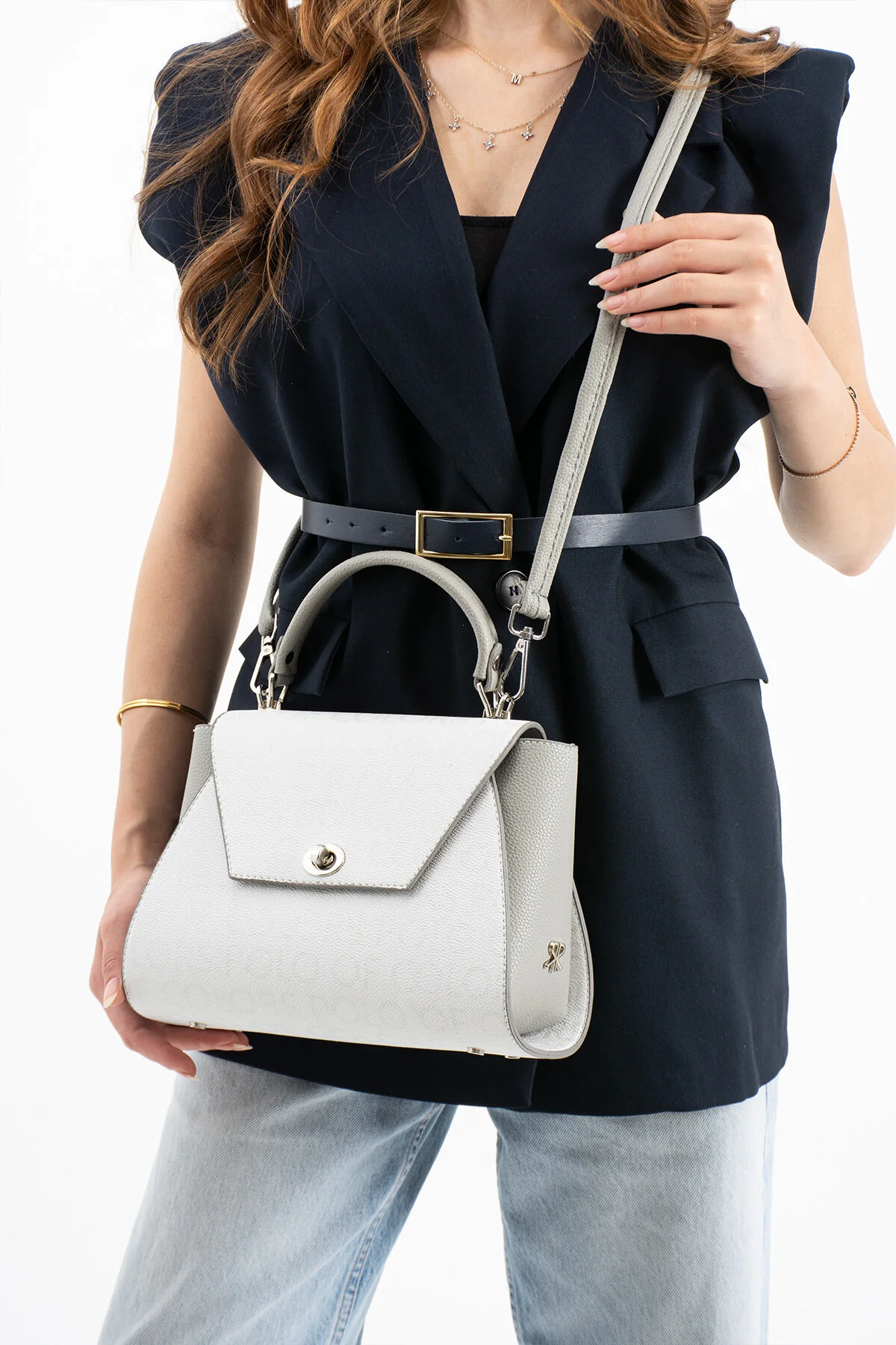 Polo Of Colors Kapaklı El ve Uzun Omuz Askılı Kadın Çanta Cüzdan Takımı - BEYAZ-GRİ