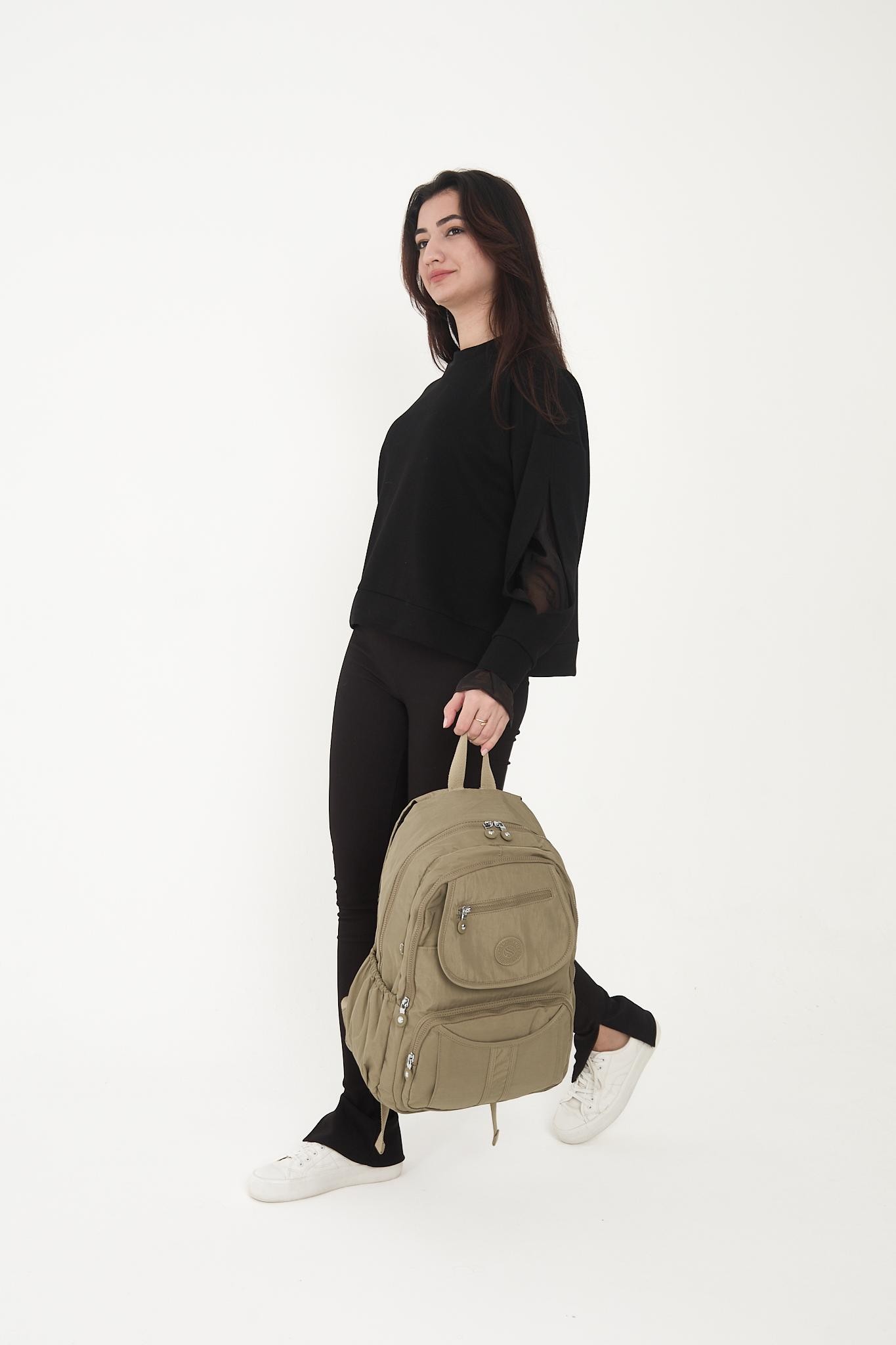Unisex Suya Dayanıklı Krinkıl Kumaş Çok Gözlü Laptop Okul Ve Seyahat Sırt Çantası - BEJ