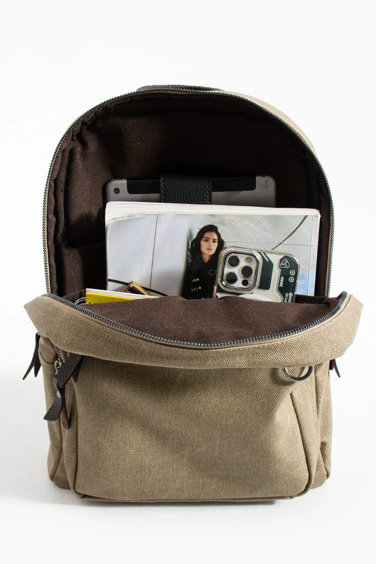 Premium Kanvas Kumaş Sırt Çantası Business Çanta 1.sınıf Kaliteli Kumaş Çanta - BEJ-KAHVE