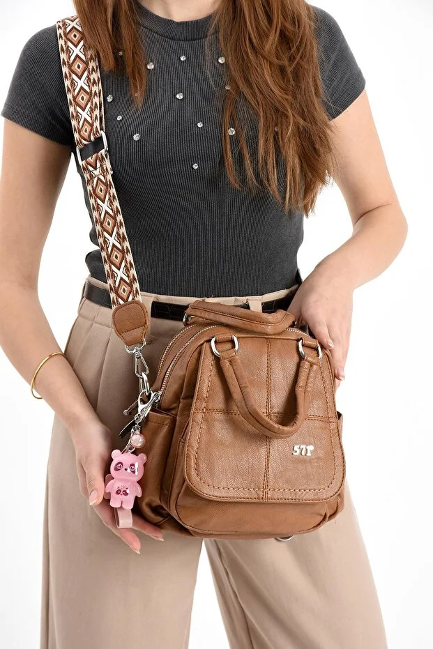 Charm Hediyeli Hem Sırt Hem Omuz Çantası Çok Bölmeli Kullanışlı - TABA