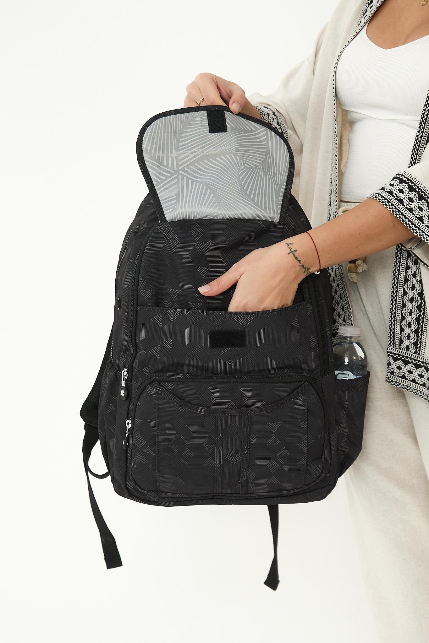 Unisex Suya Dayanıklı Krinkıl Kumaş Çok Gözlü Laptop Okul Ve Seyahat Sırt Çantası - SİYAH DESENLİ