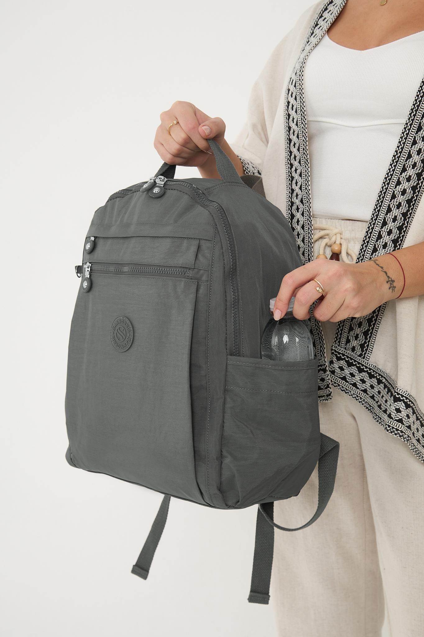Unisex Suya Dayanıklı Krinkıl Kumaş Çok Gözlü Laptop Okul Ve Sırt Çantası - GRİ