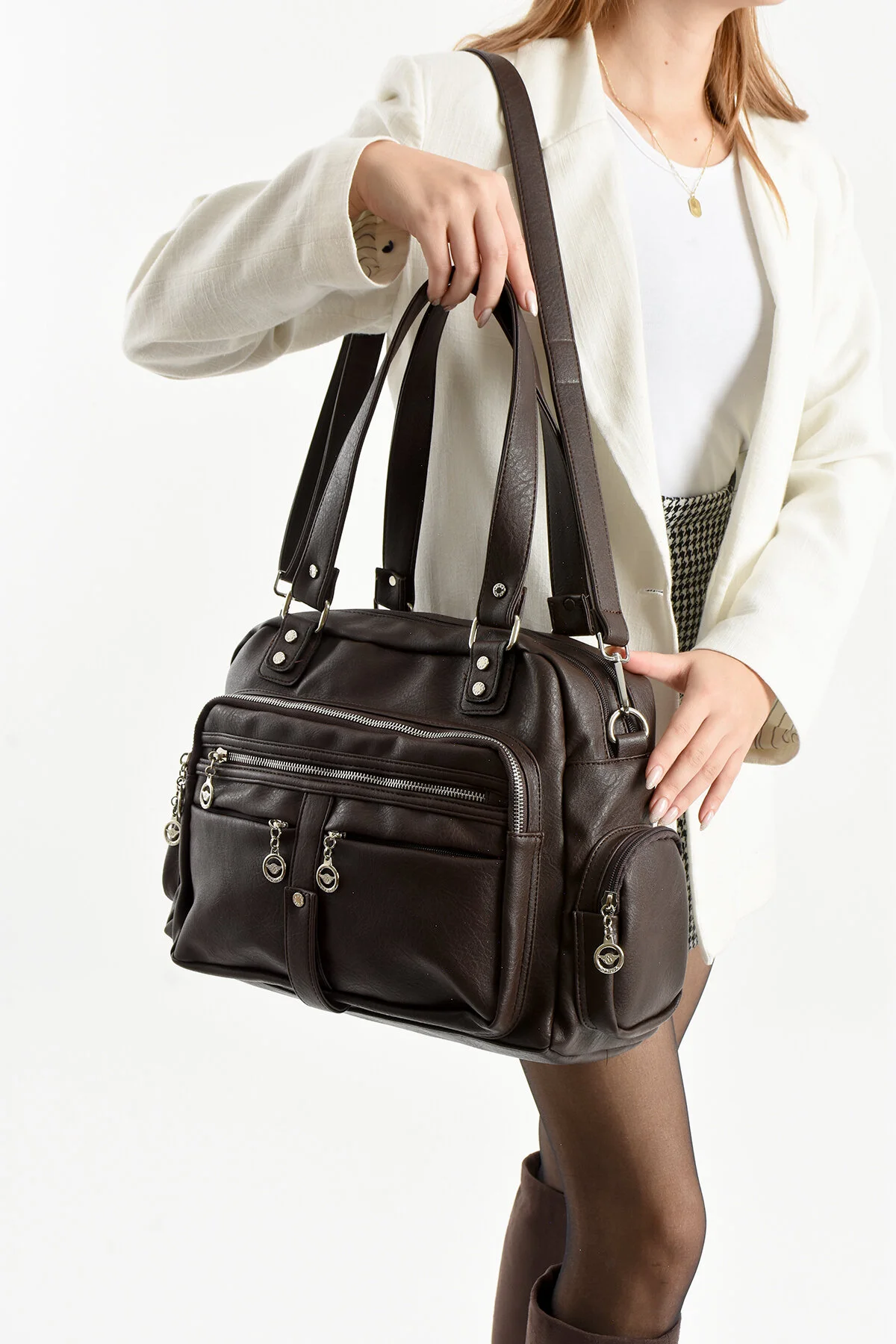 10 Bölmeli Büyük Boy El Ve Omuz Çantası - KAHVERENGİ