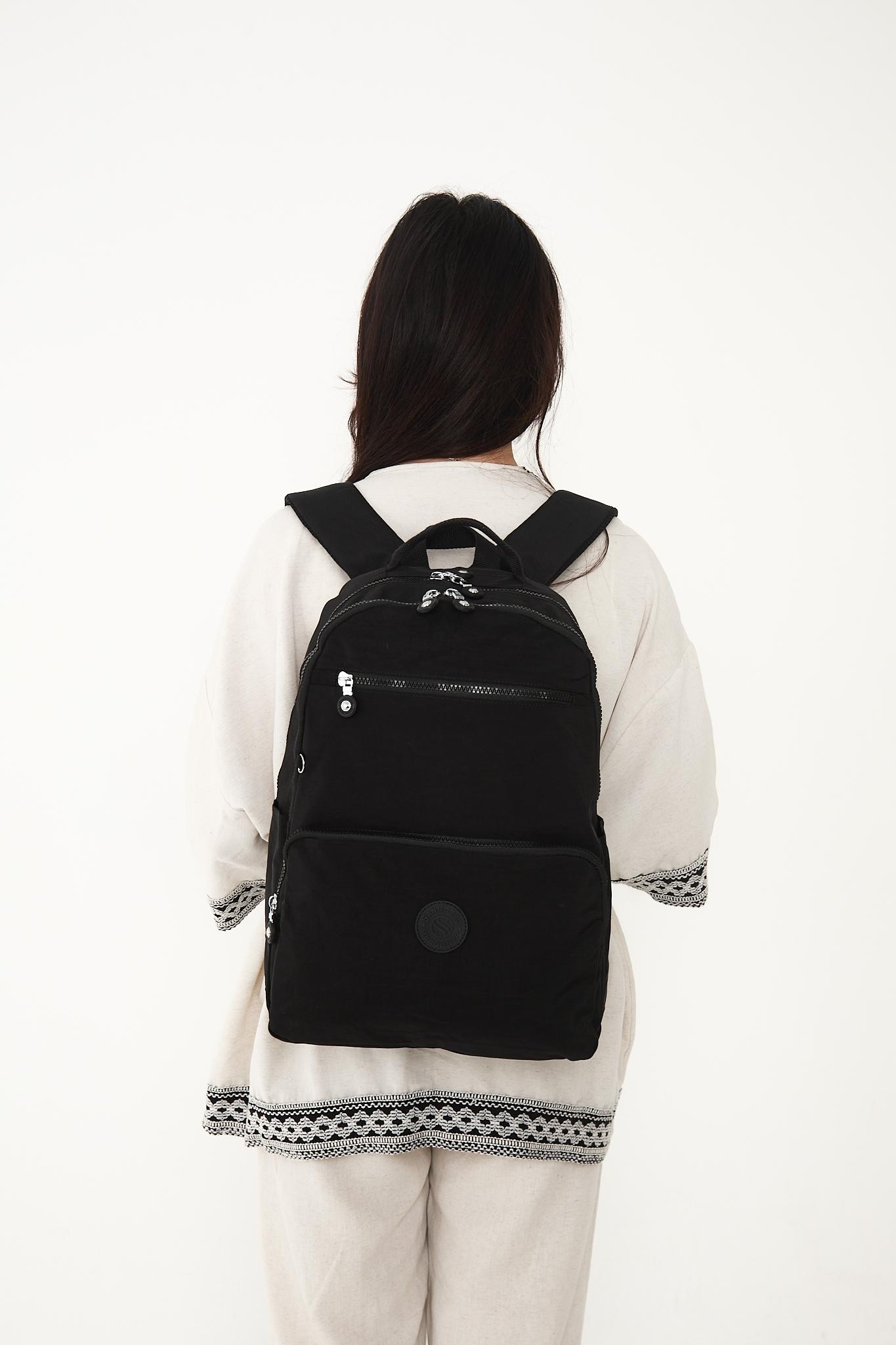 Unisex Suya Dayanıklı Orta Boy Krinkıl Kumaş Çok Gözlü Laptop Okul Ve Seyahat Sırt Çantası - SİYAH