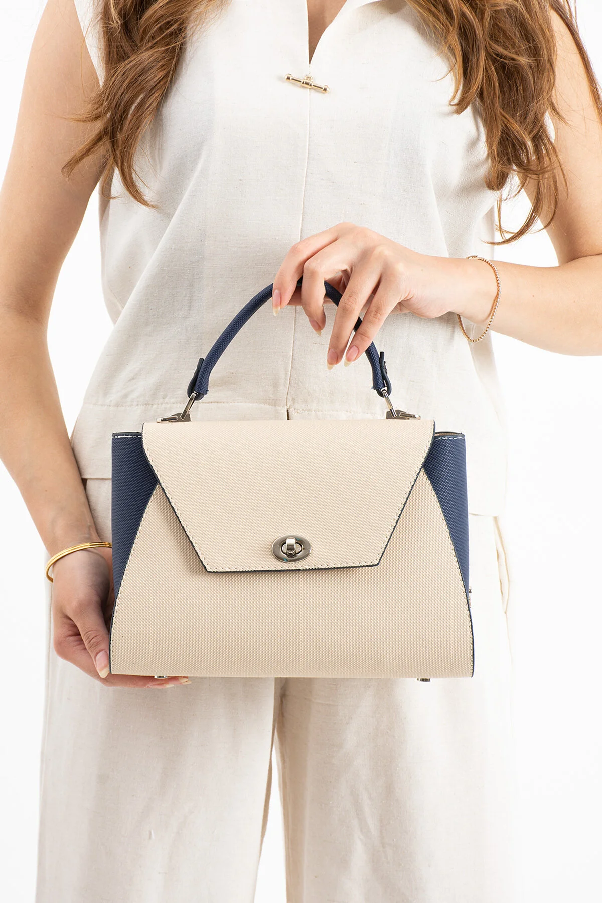 Polo Of Colors Kapaklı El ve Uzun Omuz Askılı Kadın Çanta Cüzdan Takımı - KREM-LACİVERT