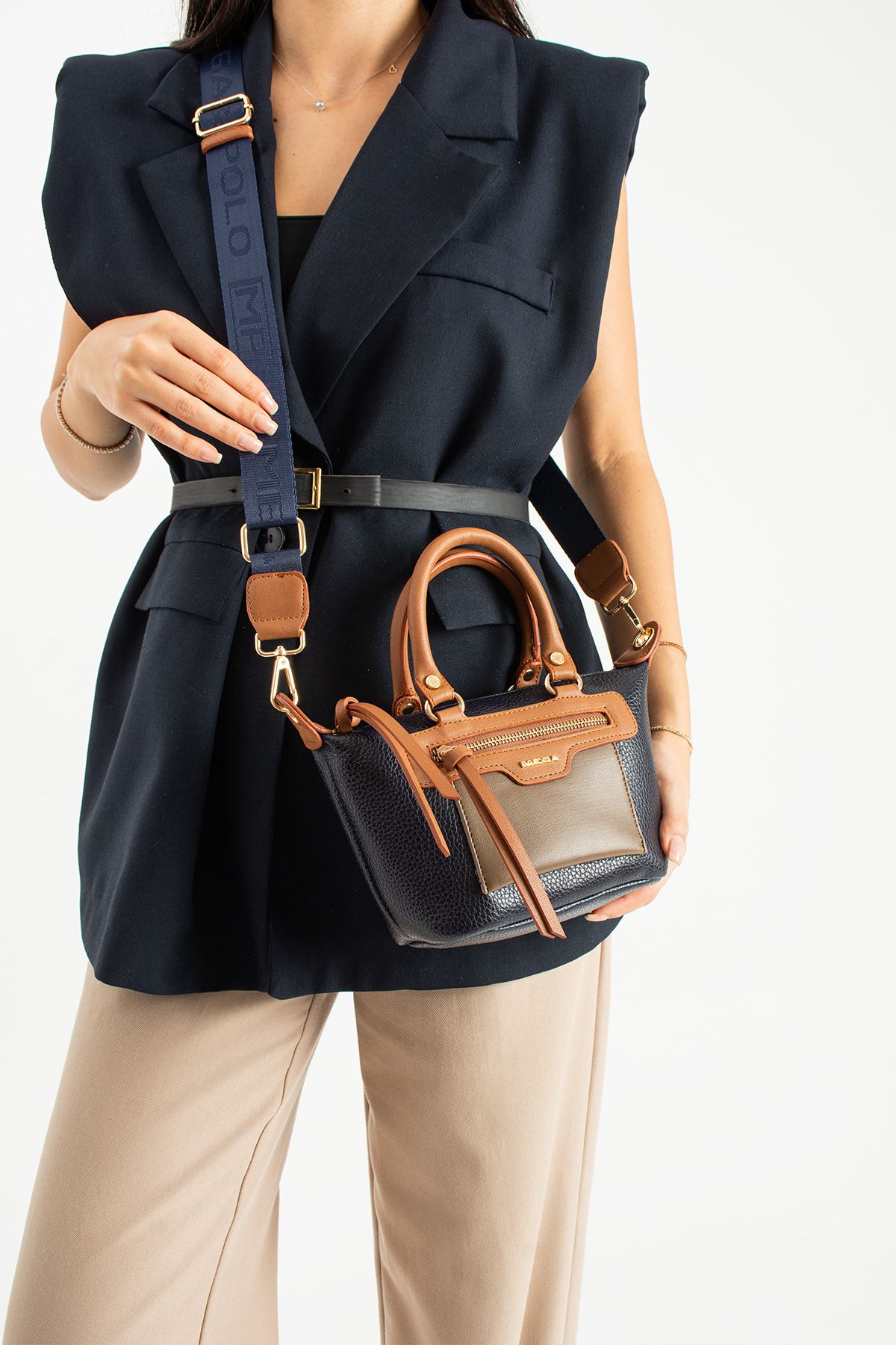 Çok Şık El Ve Omuz Çantası - LACİVERT-TABA