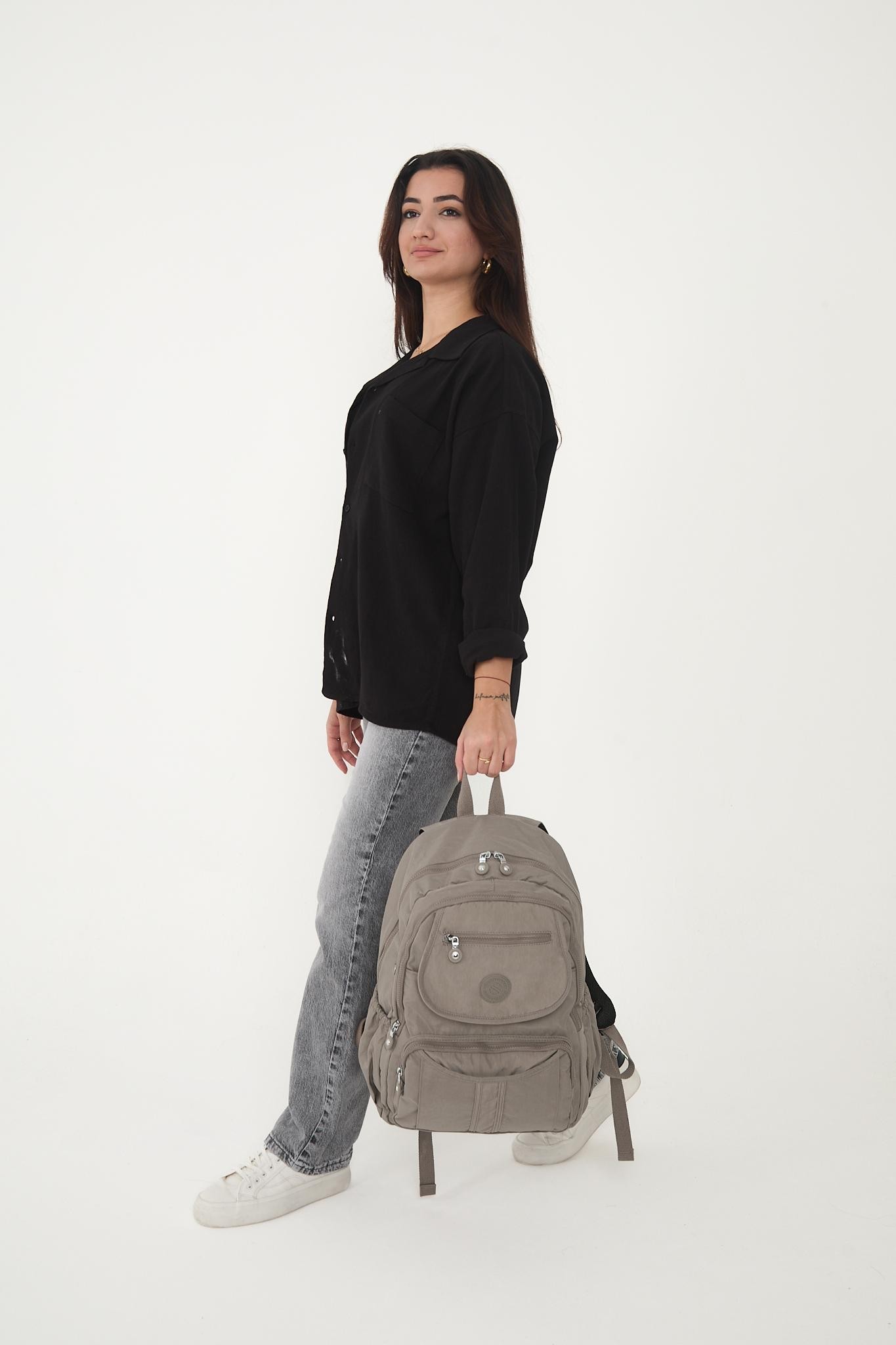 Unisex Suya Dayanıklı Krinkıl Kumaş Çok Gözlü Laptop Okul Ve Seyahat Sırt Çantası - VİZON