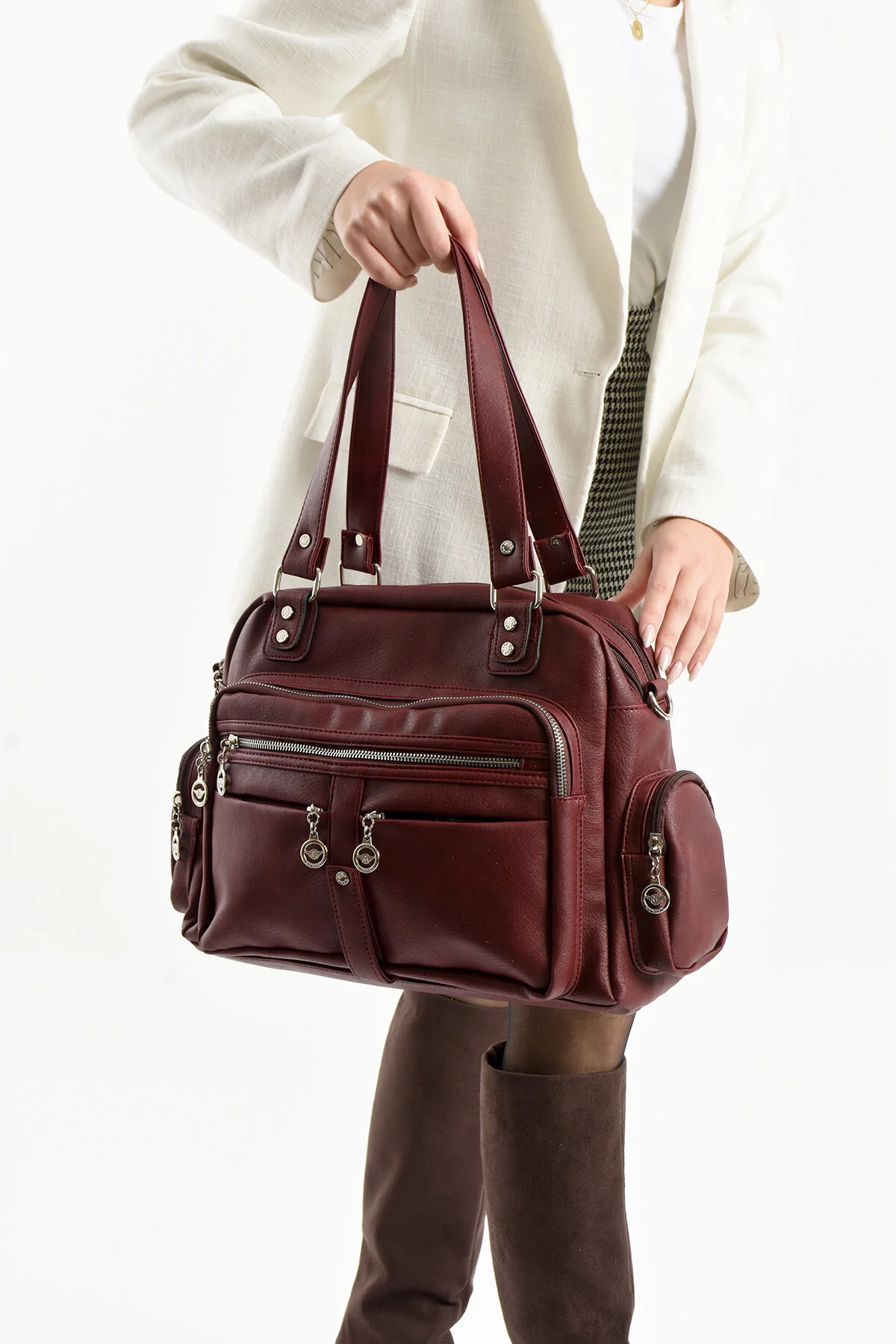 10 Bölmeli Büyük Boy El Ve Omuz Çantası - BORDO