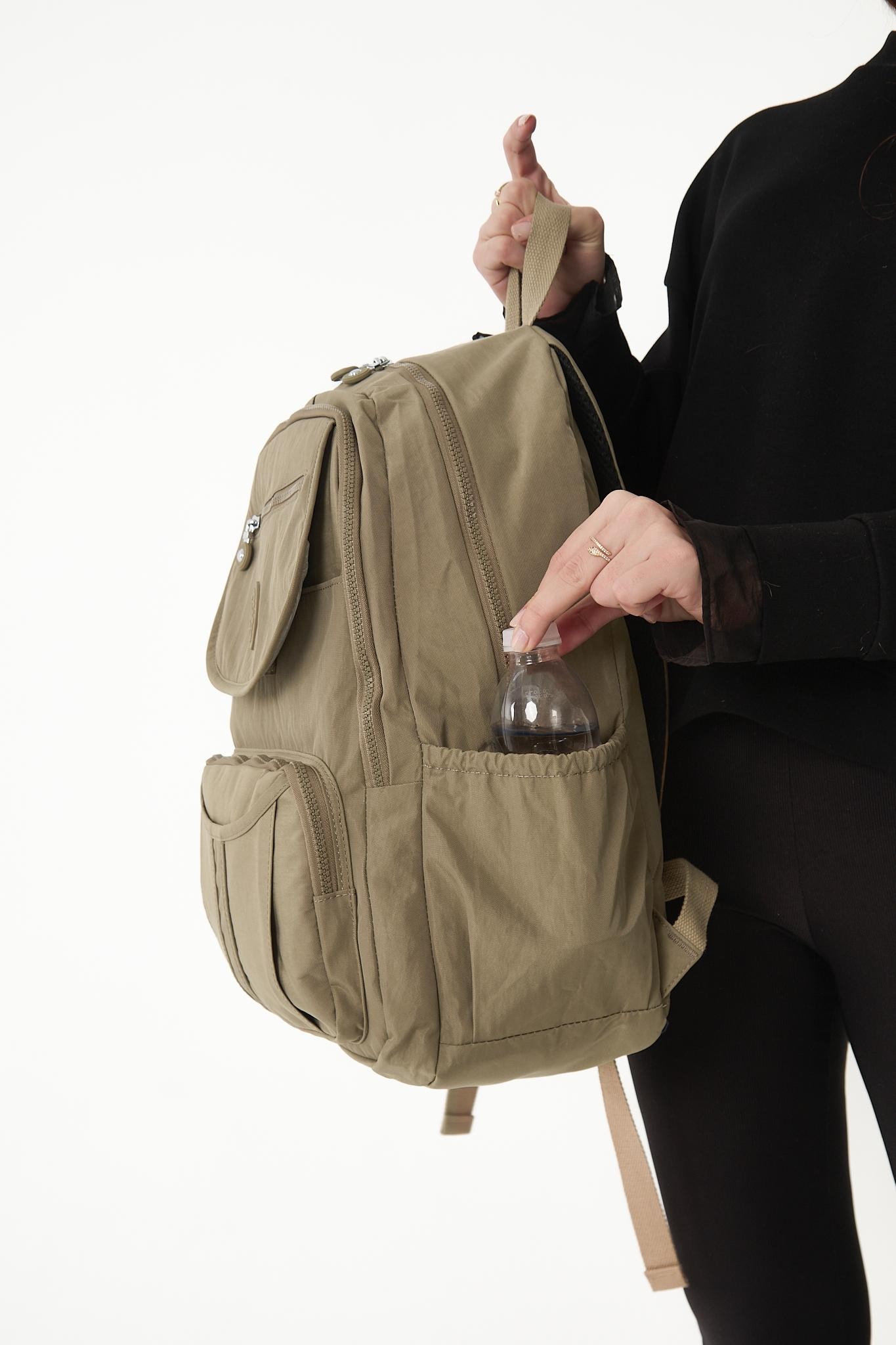 Unisex Suya Dayanıklı Krinkıl Kumaş Çok Gözlü Laptop Okul Ve Seyahat Sırt Çantası - BEJ
