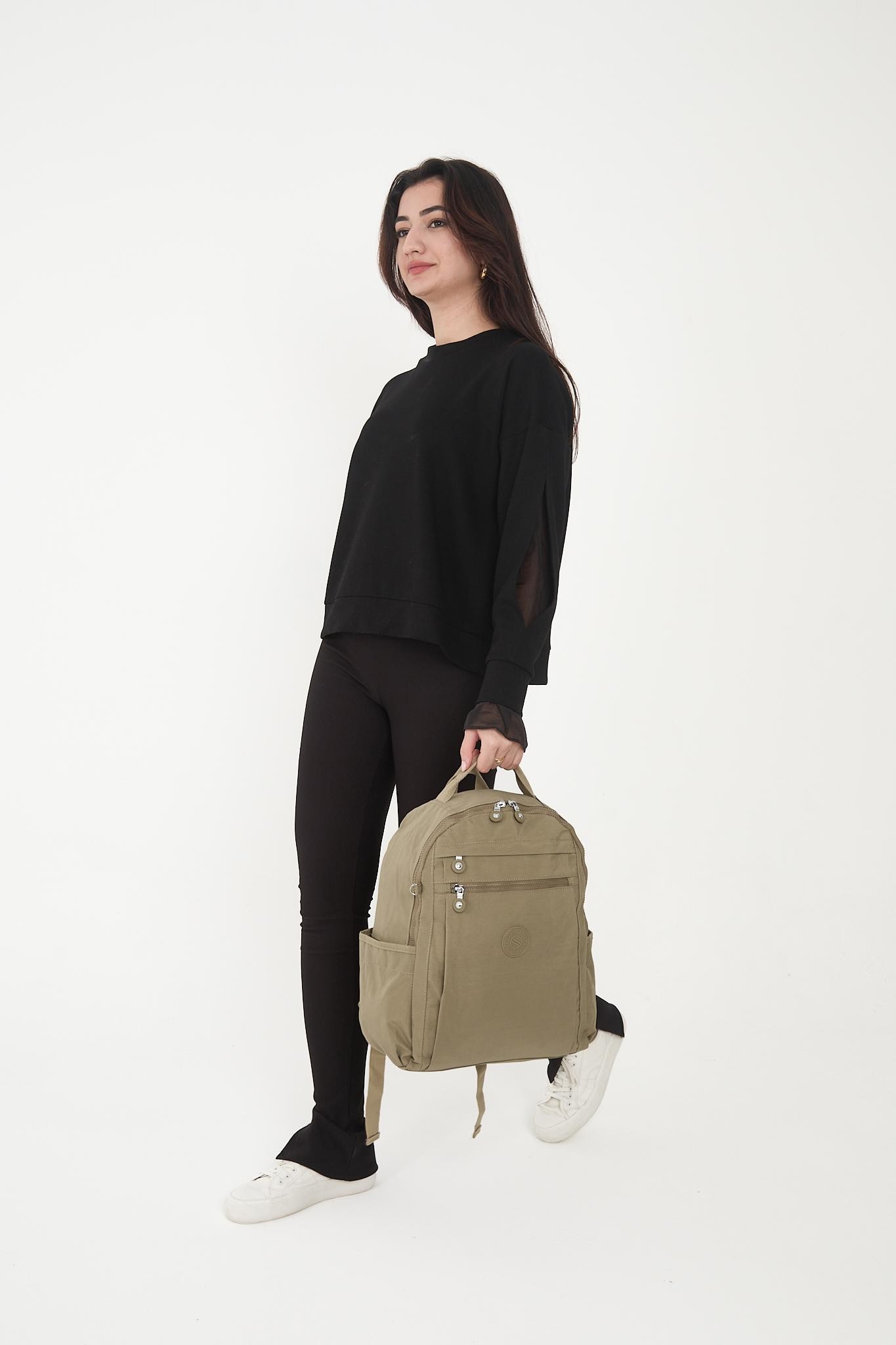Unisex Suya Dayanıklı Krinkıl Kumaş Çok Gözlü Laptop Okul Ve Sırt Çantası - BEJ