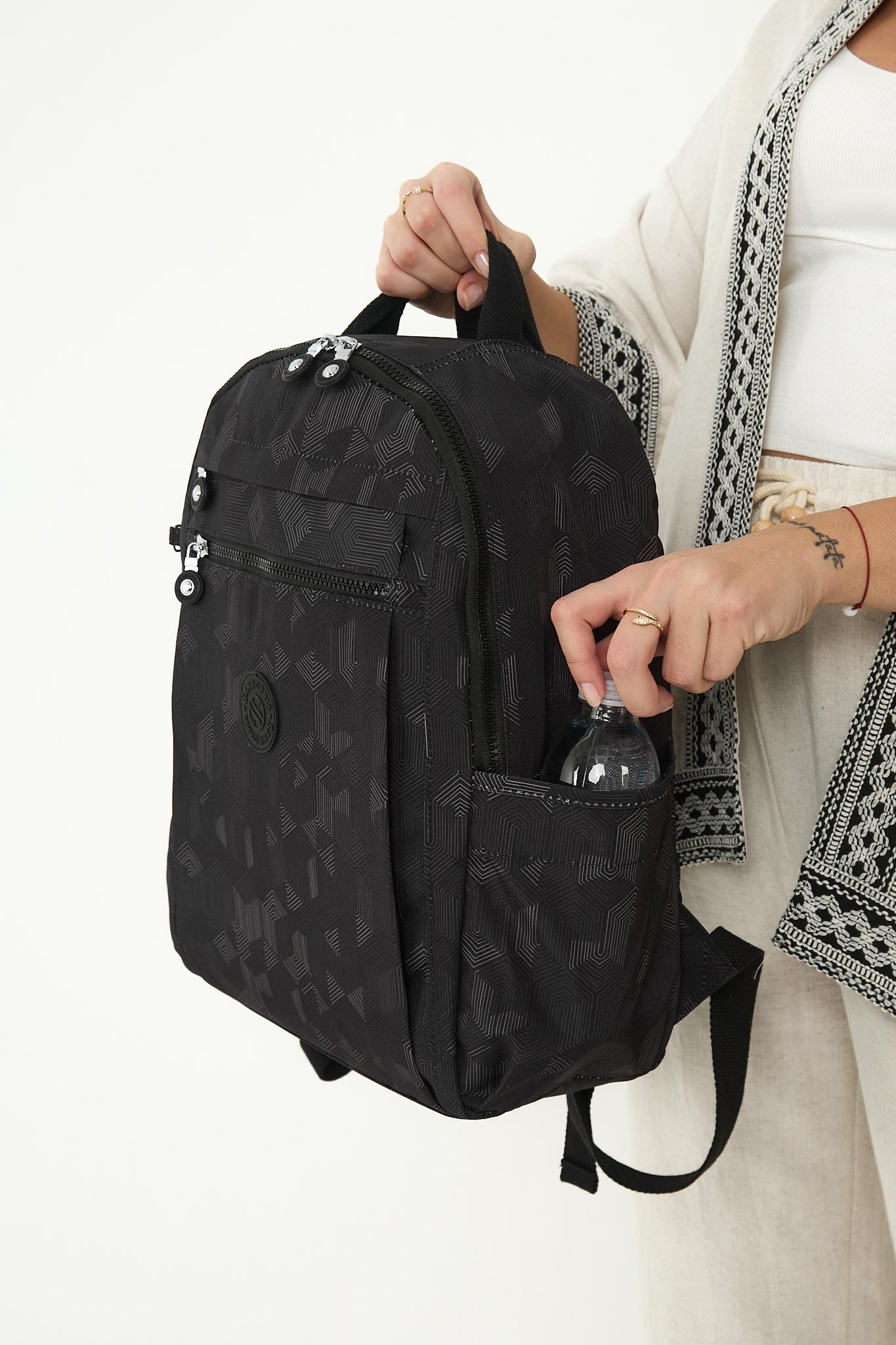 Unisex Suya Dayanıklı Krinkıl Kumaş Çok Gözlü Laptop Okul Ve Sırt Çantası - SİYAH DESEN