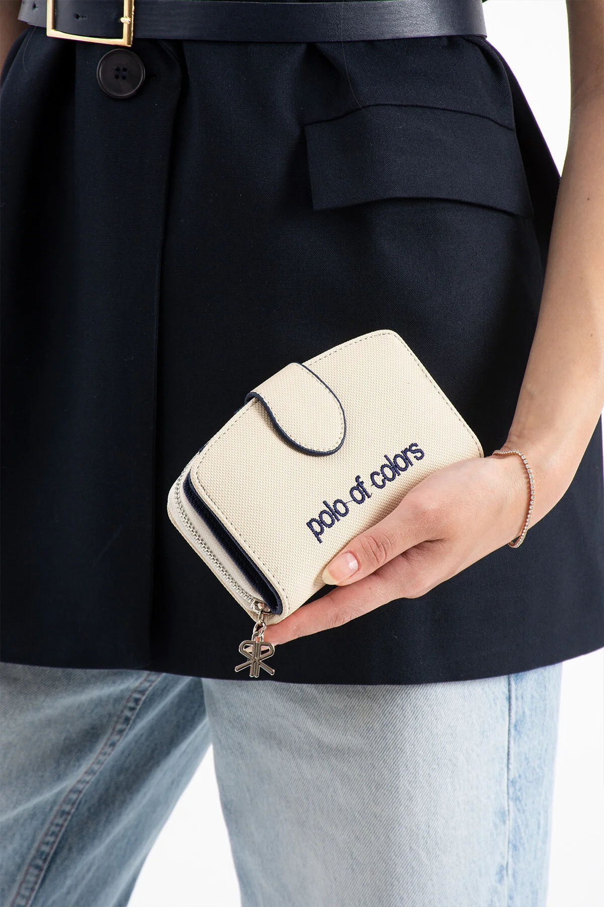 Polo Of Colors Kapaklı El ve Uzun Omuz Askılı Kadın Çanta Cüzdan Takımı - KREM-LACİVERT