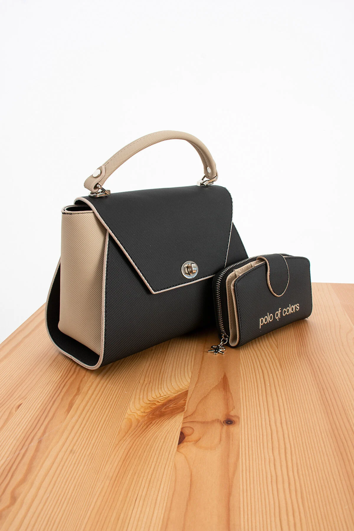 Polo Of Colors Kapaklı El ve Uzun Omuz Askılı Kadın Çanta Cüzdan Takımı - SİYAH-VİZON