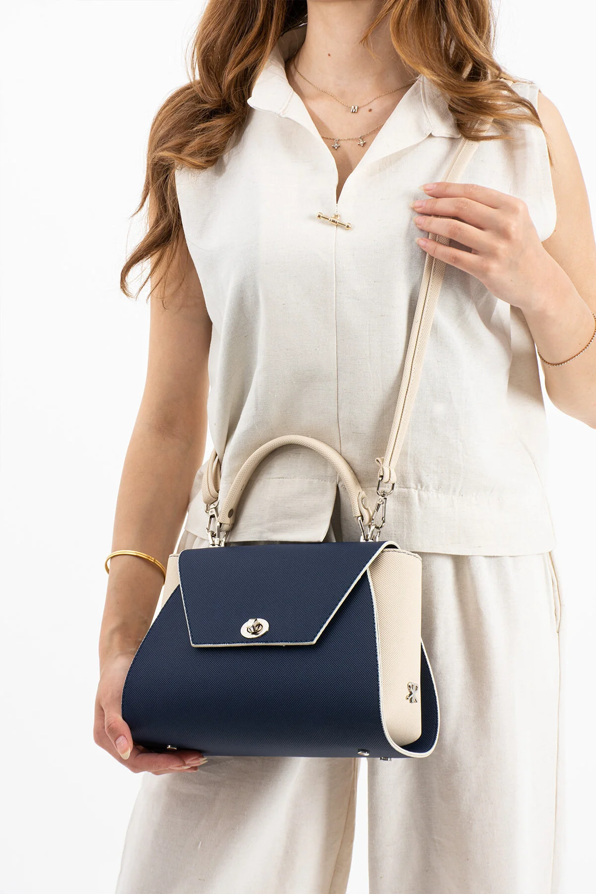 Polo Of Colors Kapaklı El ve Uzun Omuz Askılı Kadın Çanta Cüzdan Takımı - LACİVERT-KREM