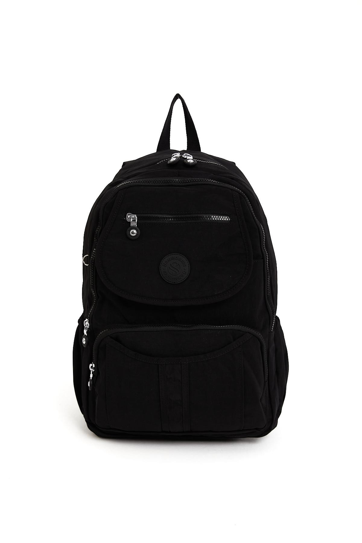 Unisex Suya Dayanıklı Krinkıl Kumaş Çok Gözlü Laptop Okul Ve Seyahat Sırt Çantası - SİYAH