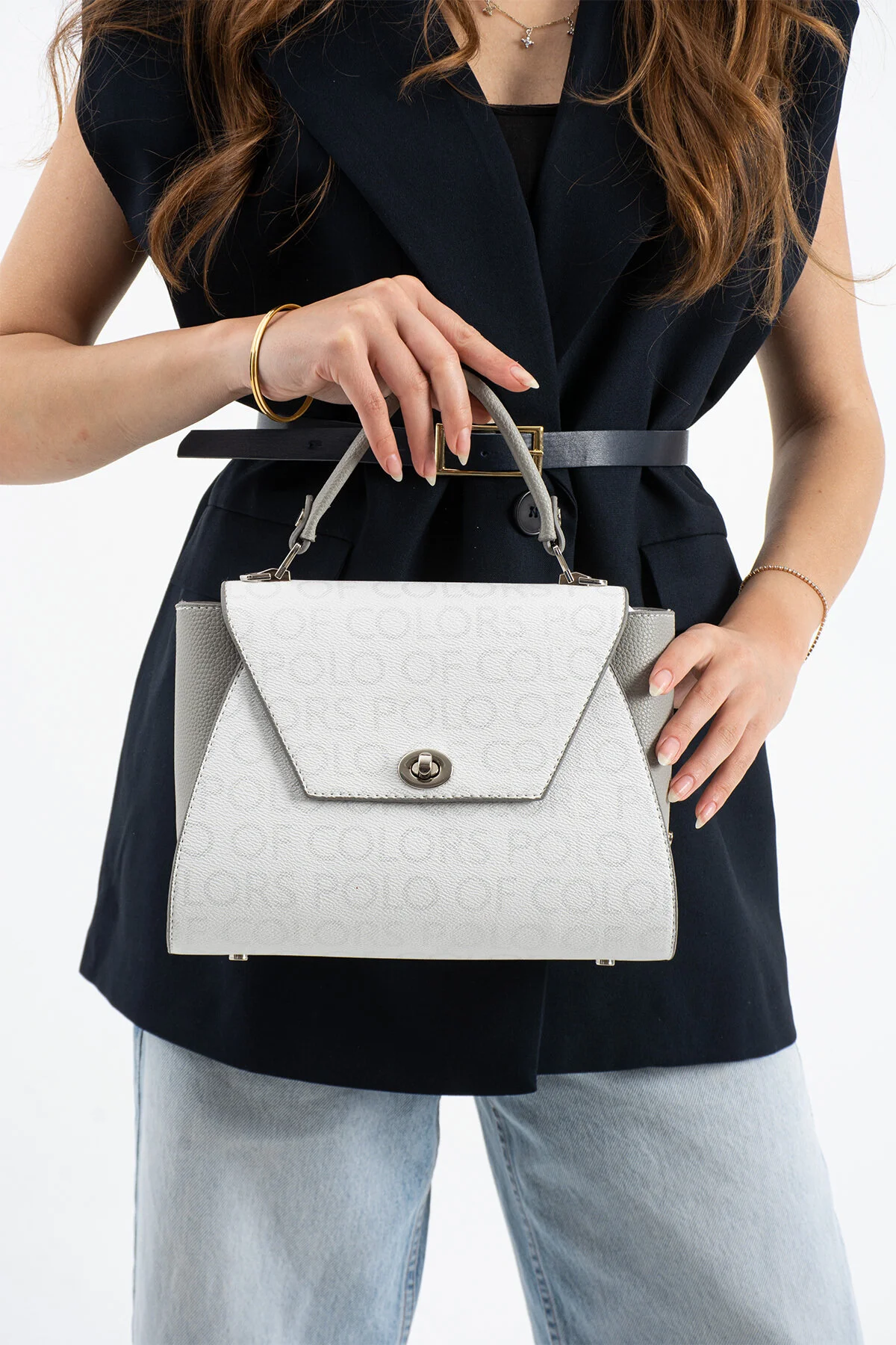 Polo Of Colors Kapaklı El ve Uzun Omuz Askılı Kadın Çanta Cüzdan Takımı - BEYAZ-GRİ