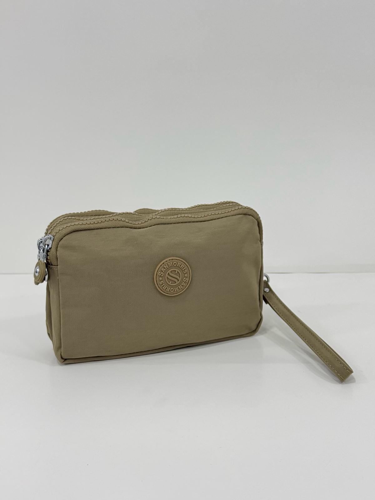 Krinkıl Kumaş El Ve Çapraz Askılı Kartlık, Bozuk Para Bölmeli Kalemlik/Cüzdan Tipi Makyaj Çantası - VİZON