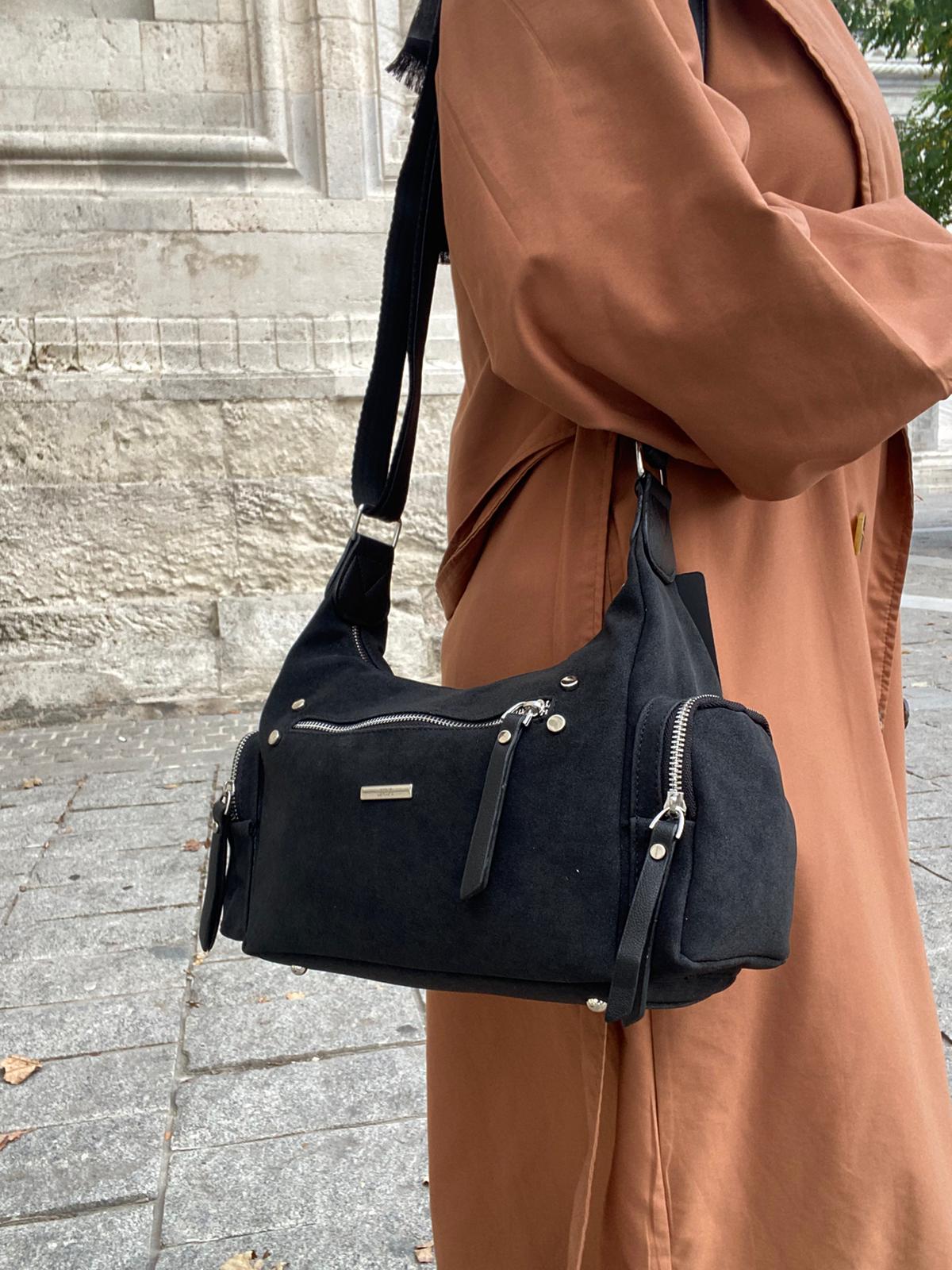 8 BÖLMELİ ASTARLI UZUN ASKILI ÇAPRAZ VE OMUZ ÇANTASI - SİYAH-NUBUK