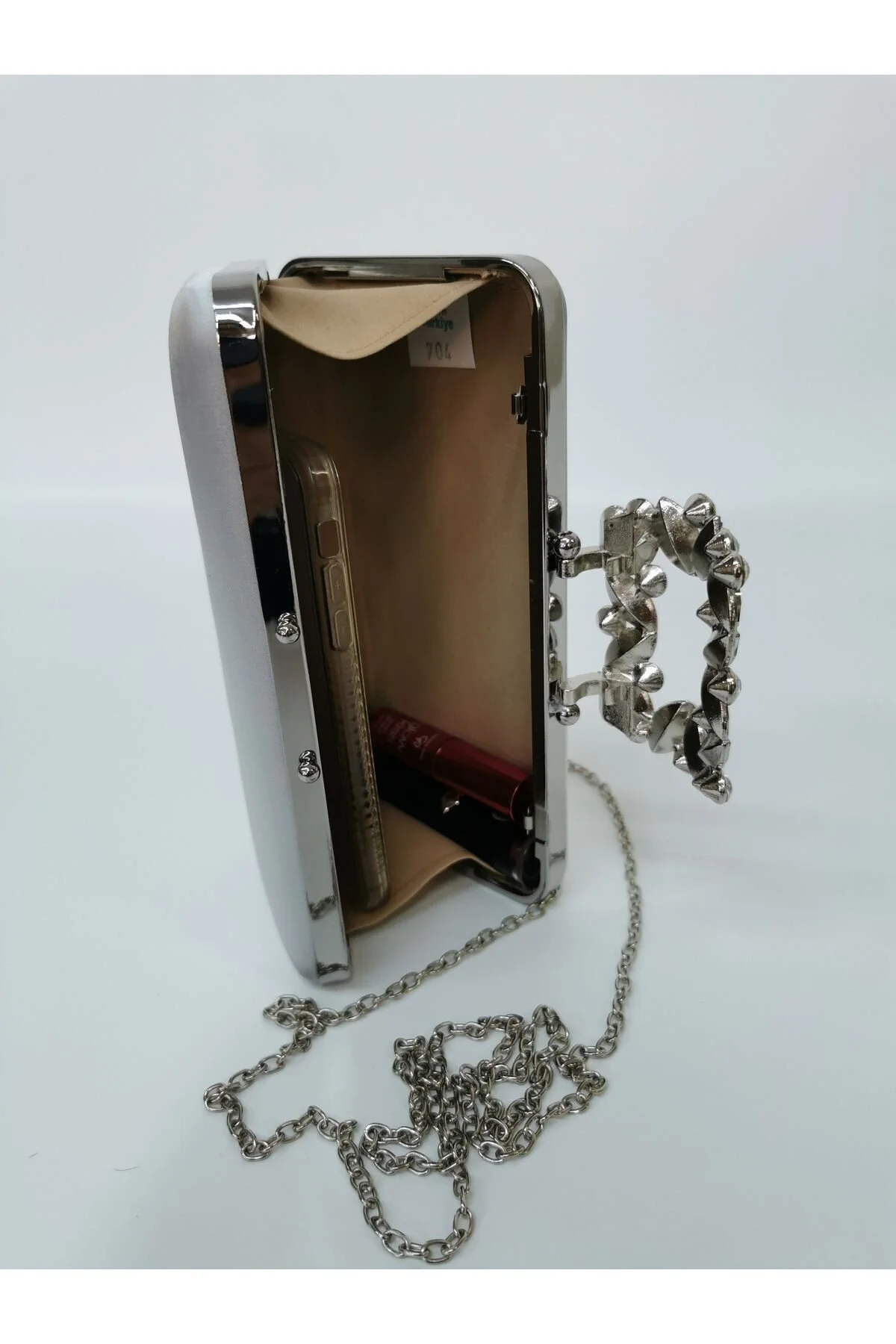 ABİYE TAŞLI TOKALI CLUTCH PORTFÖY EL DÜĞÜN NİŞAN GECE ÇANTASI - SATEN GÜMÜŞ