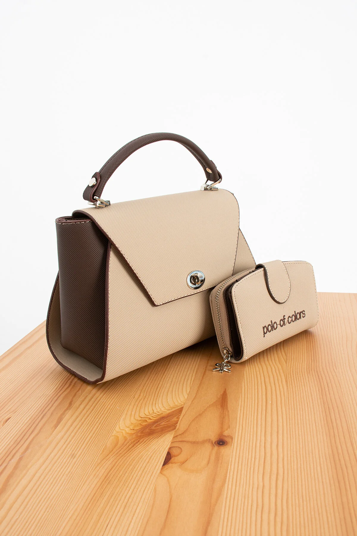 Polo Of Colors Kapaklı El ve Uzun Omuz Askılı Kadın Çanta Cüzdan Takımı - VİZON-KAHVE