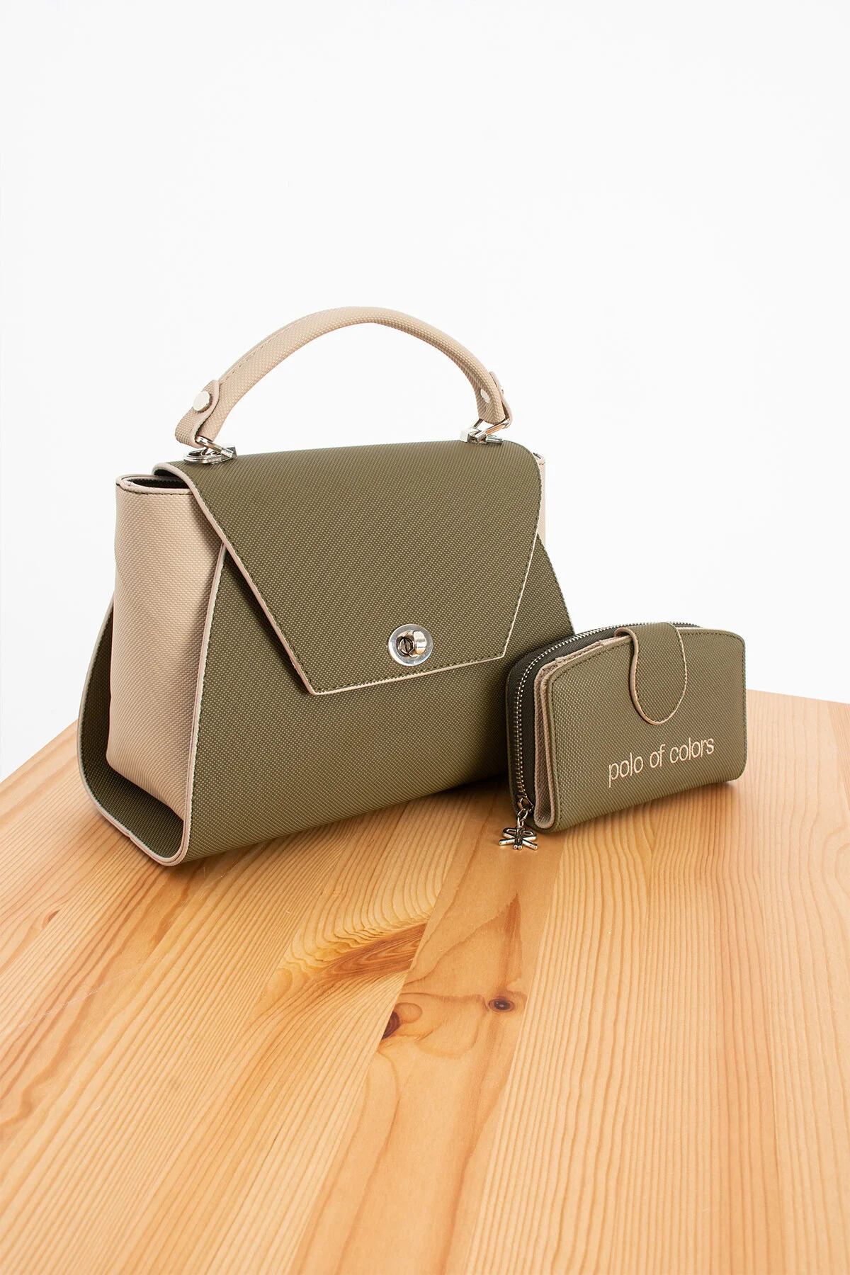 Polo Of Colors Kapaklı El ve Uzun Omuz Askılı Kadın Çanta Cüzdan Takımı - HAKİ-KREM