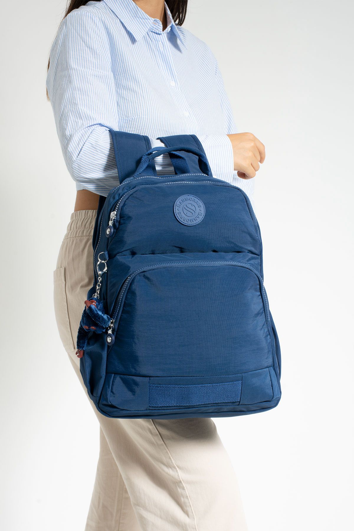 Unisex Suya Dayanıklı Kumaş Laptop Bölmeli 3 Gözlü Okul Seyahat Sırt Çantası - LACİVERT