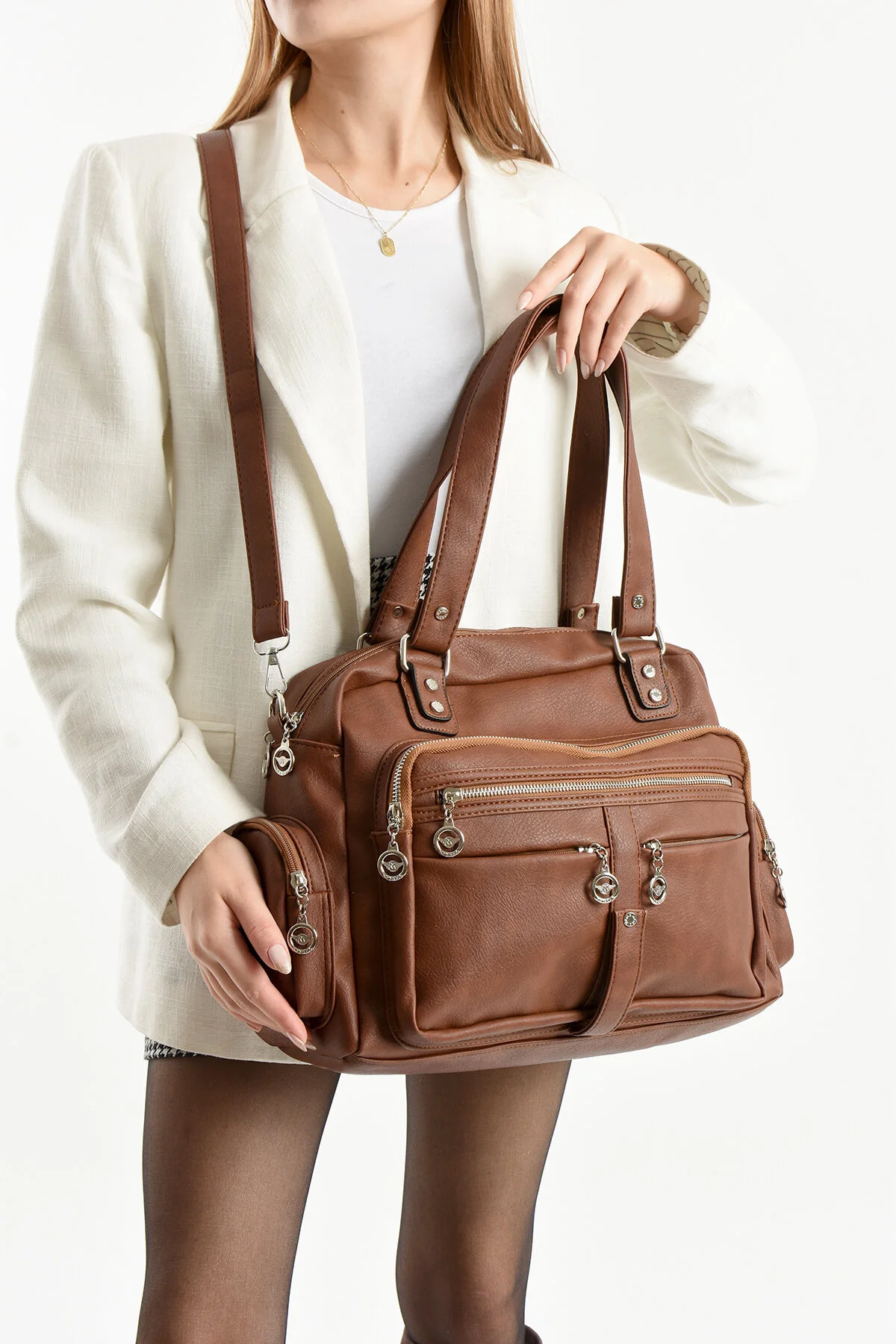 10 Bölmeli Büyük Boy El Ve Omuz Çantası - TABA