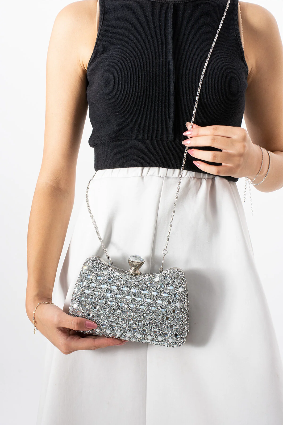  Iri Taşlı Üçgen Taş Detaylı Çift Taraflı Abiye Çanta - GRİ