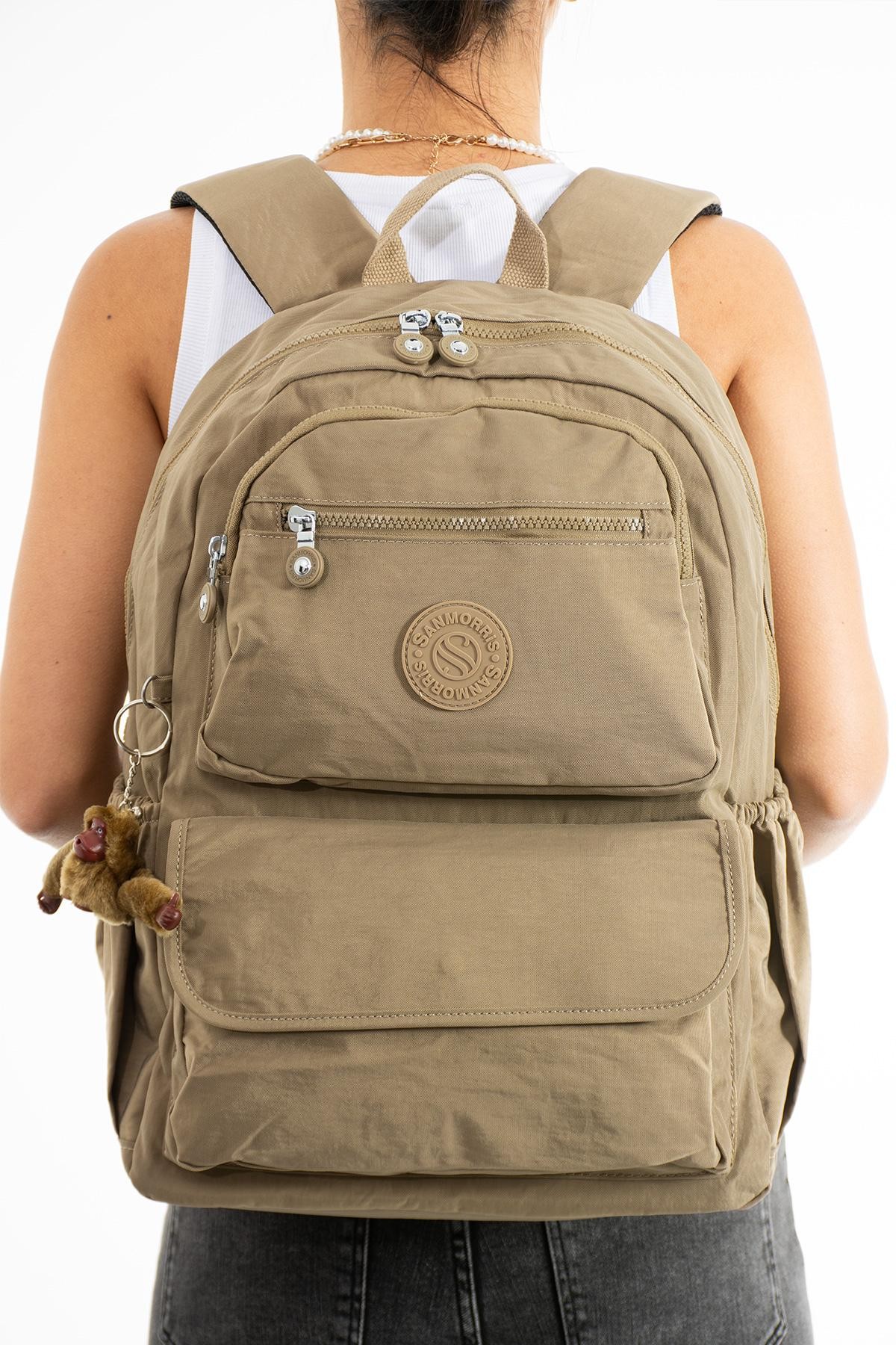 Unisex Suya Dayanıklı Kumaş Laptop Bölmeli Büyük Boy Açık Gri Renkli Okul Seyahat Sırt Çantası - BEJ