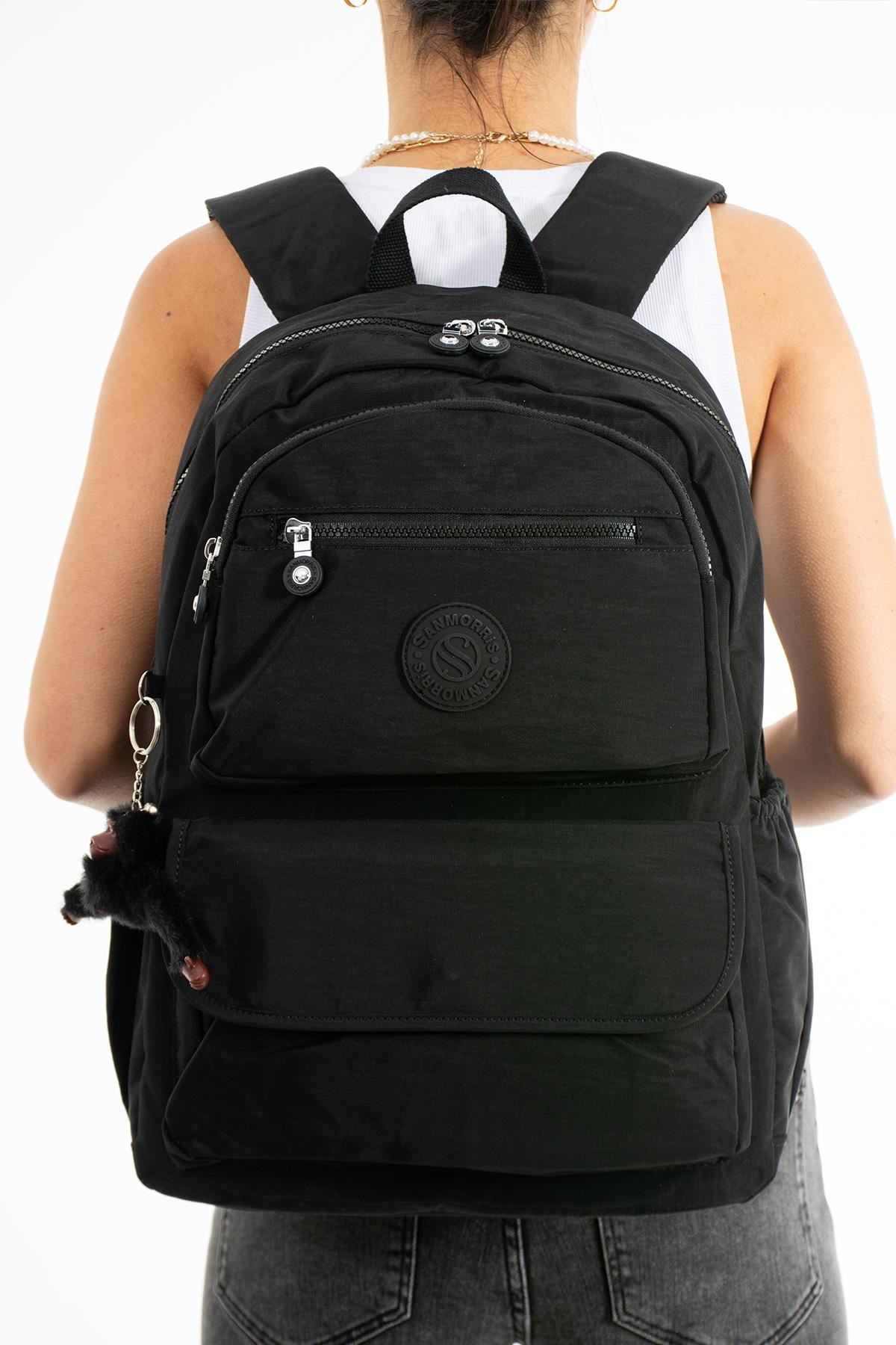 Unisex Suya Dayanıklı Kumaş Laptop Bölmeli Büyük Boy Açık Gri Renkli Okul Seyahat Sırt Çantası - SİYAH