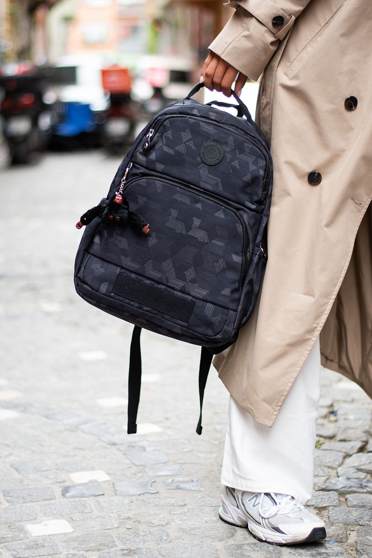 Unisex Suya Dayanıklı Kumaş Laptop Bölmeli 3 Gözlü Okul Seyahat Sırt Çantası - SİYAH DESENLİ