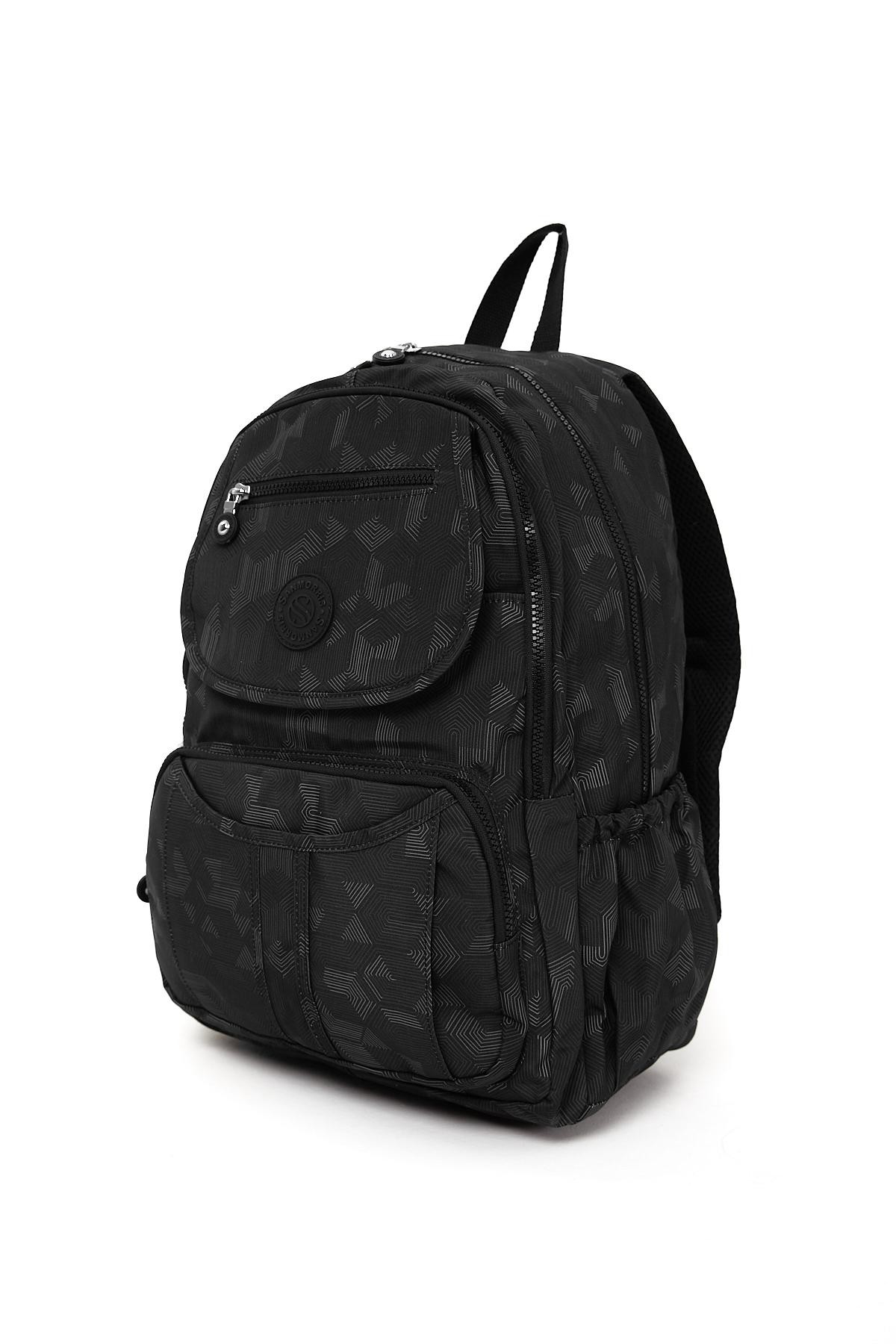 Unisex Suya Dayanıklı Krinkıl Kumaş Çok Gözlü Laptop Okul Ve Seyahat Sırt Çantası - SİYAH DESENLİ