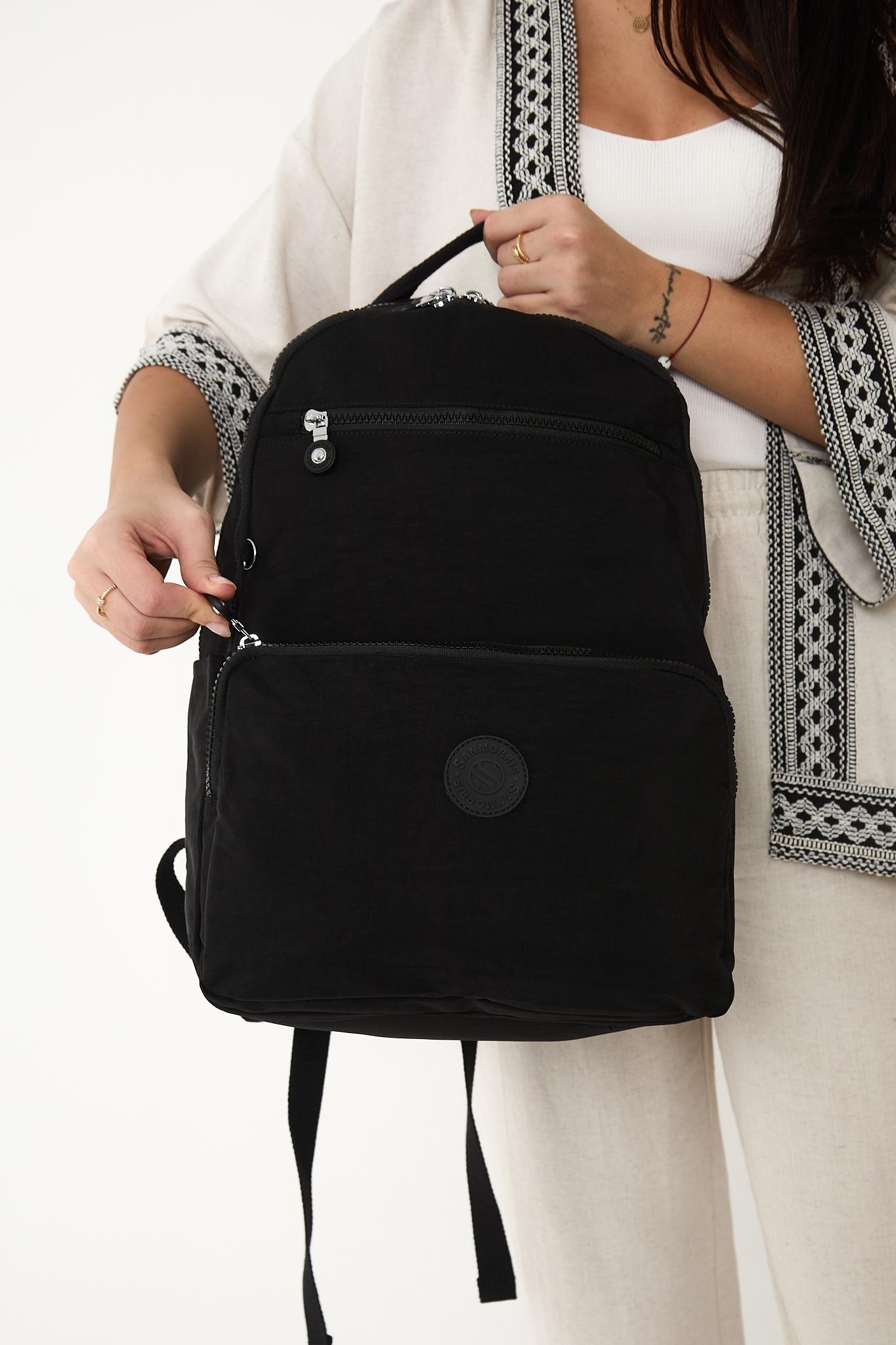 Unisex Suya Dayanıklı Orta Boy Krinkıl Kumaş Çok Gözlü Laptop Okul Ve Seyahat Sırt Çantası - SİYAH
