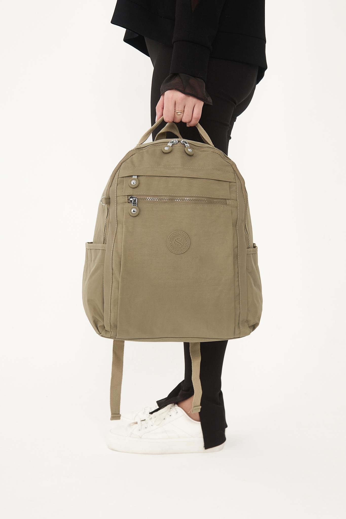 Unisex Suya Dayanıklı Krinkıl Kumaş Çok Gözlü Laptop Okul Ve Sırt Çantası - BEJ