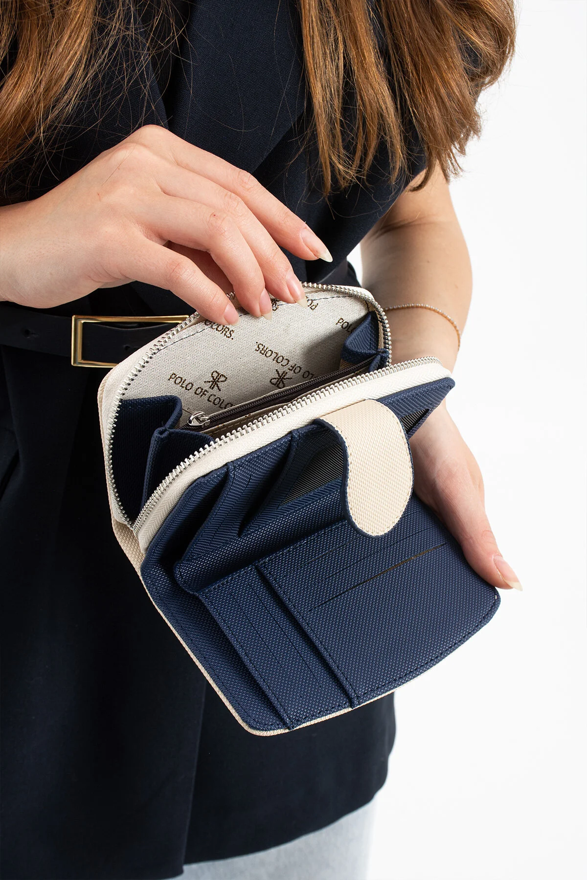 Polo Of Colors Kapaklı El ve Uzun Omuz Askılı Kadın Çanta Cüzdan Takımı - KREM-LACİVERT