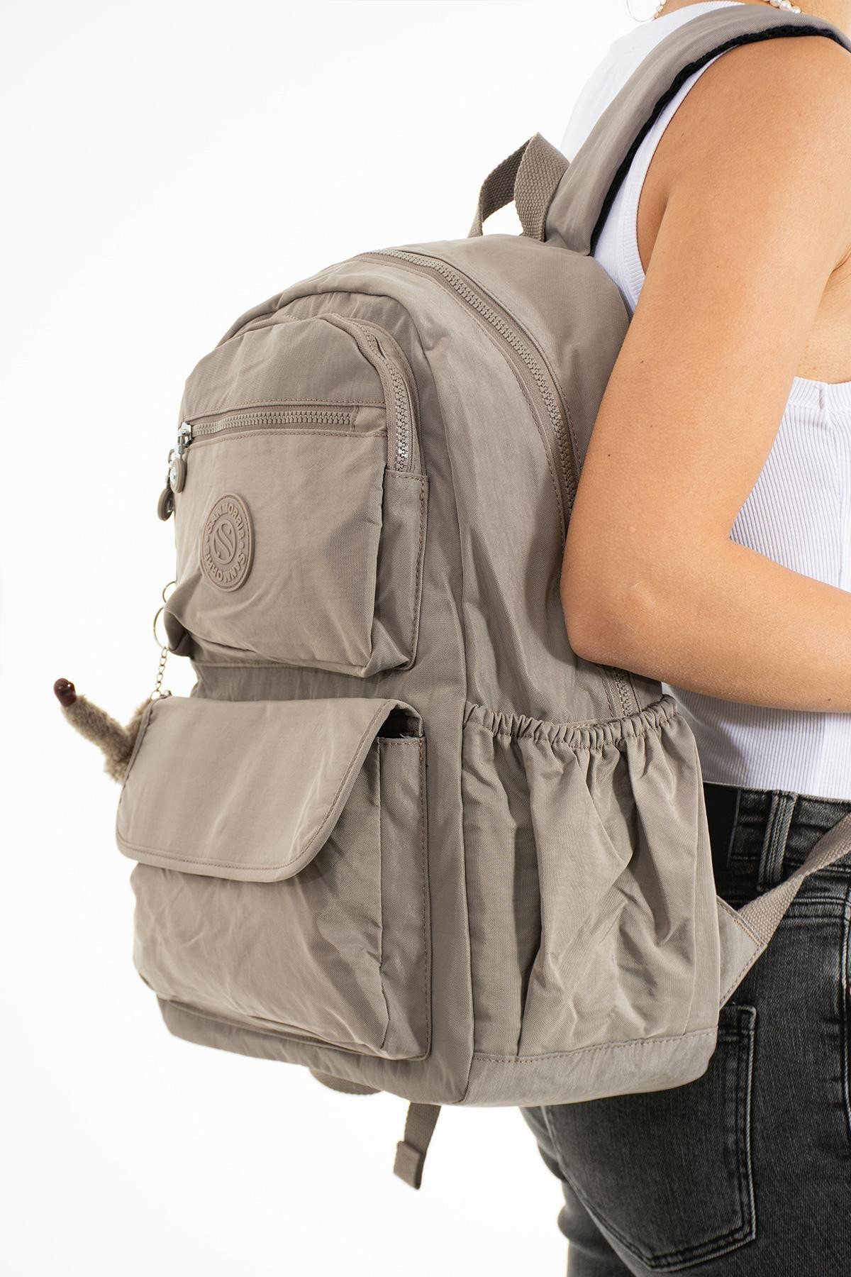 Unisex Suya Dayanıklı Kumaş Laptop Bölmeli Büyük Boy Açık Gri Renkli Okul Seyahat Sırt Çantası - VİZON