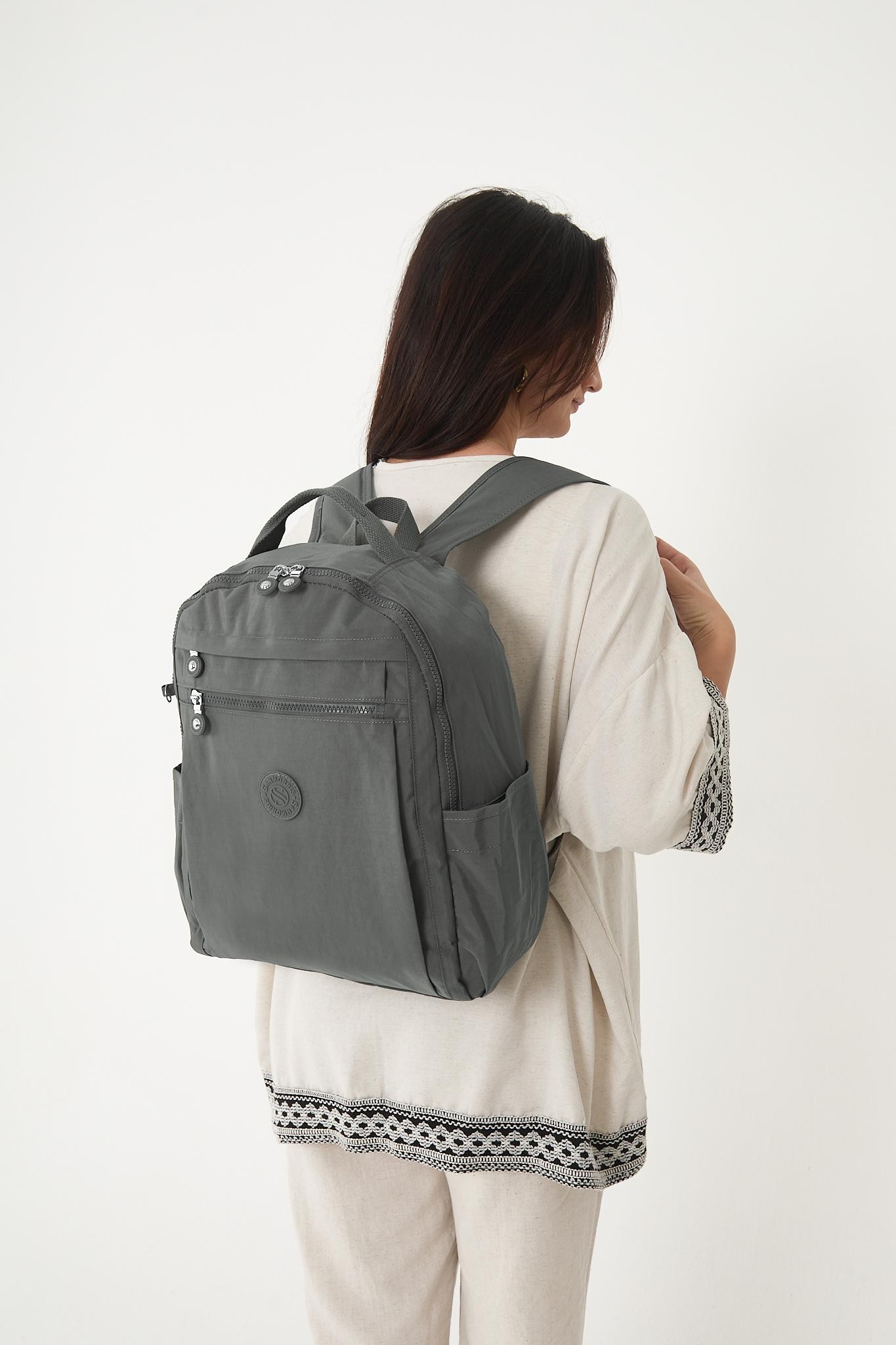 Unisex Suya Dayanıklı Krinkıl Kumaş Çok Gözlü Laptop Okul Ve Sırt Çantası - GRİ