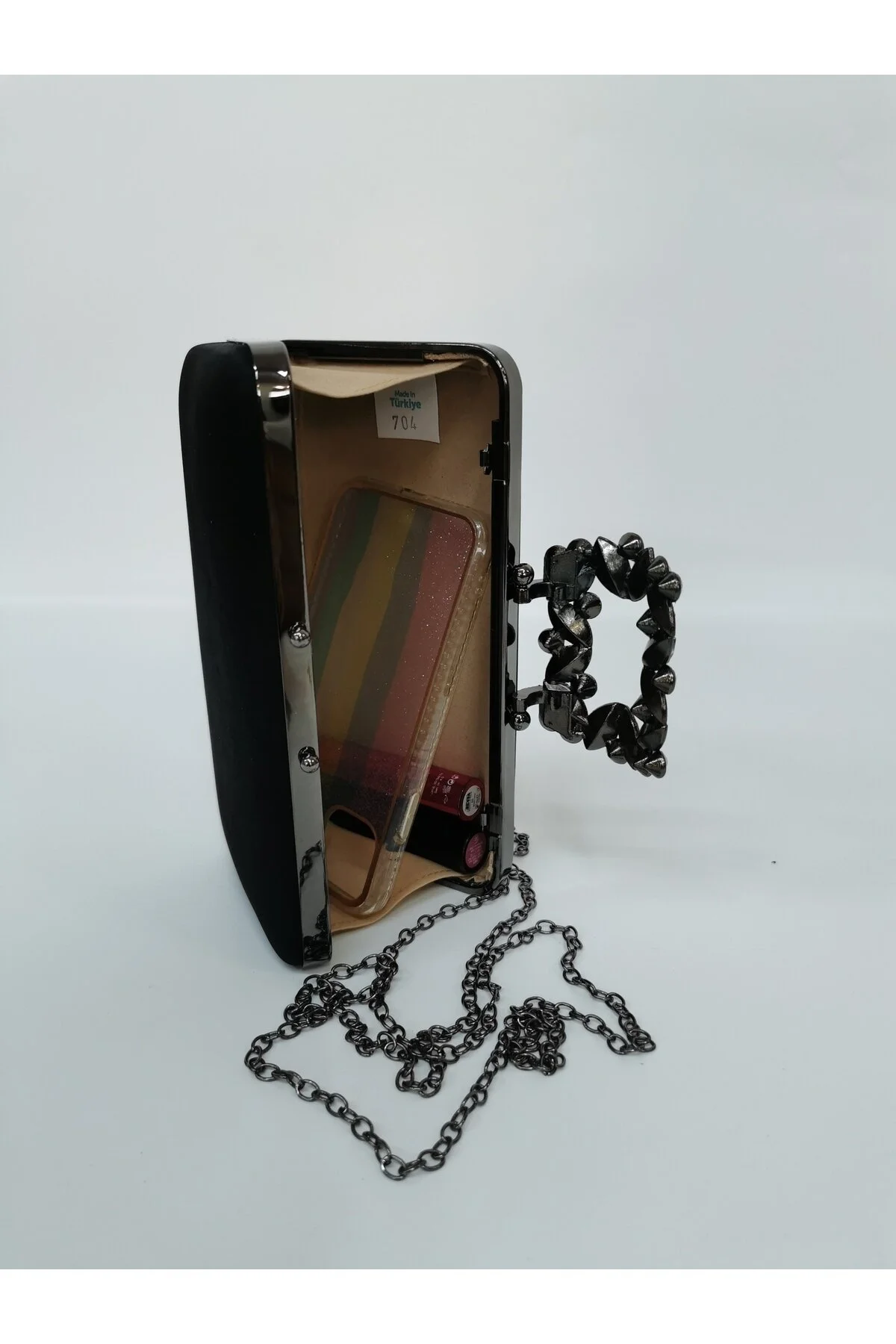 ABİYE TAŞLI TOKALI CLUTCH PORTFÖY EL DÜĞÜN NİŞAN GECE ÇANTASI - SATEN SİYAH