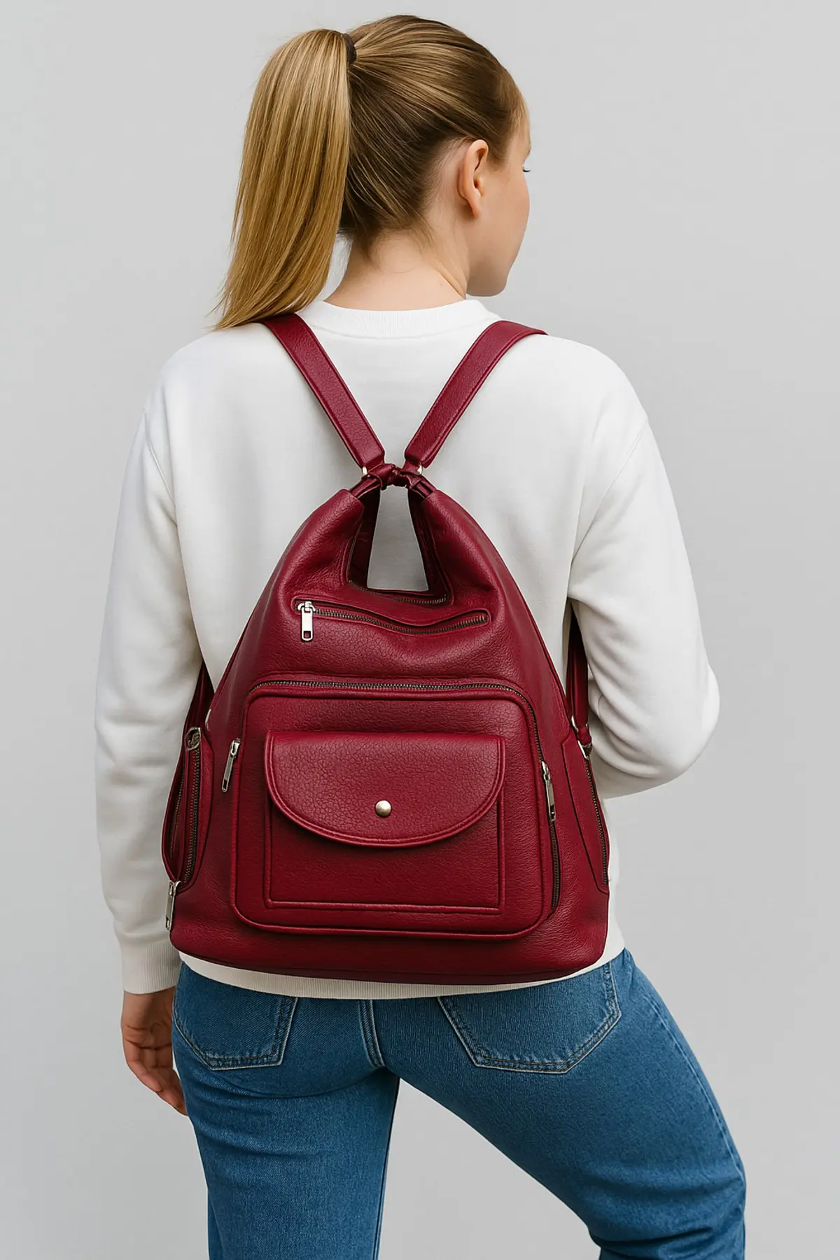 Yumuşak Suni Deri Taba El Omuz ve Sırt Kullanımına Uygun Kadın Çanta - BORDO