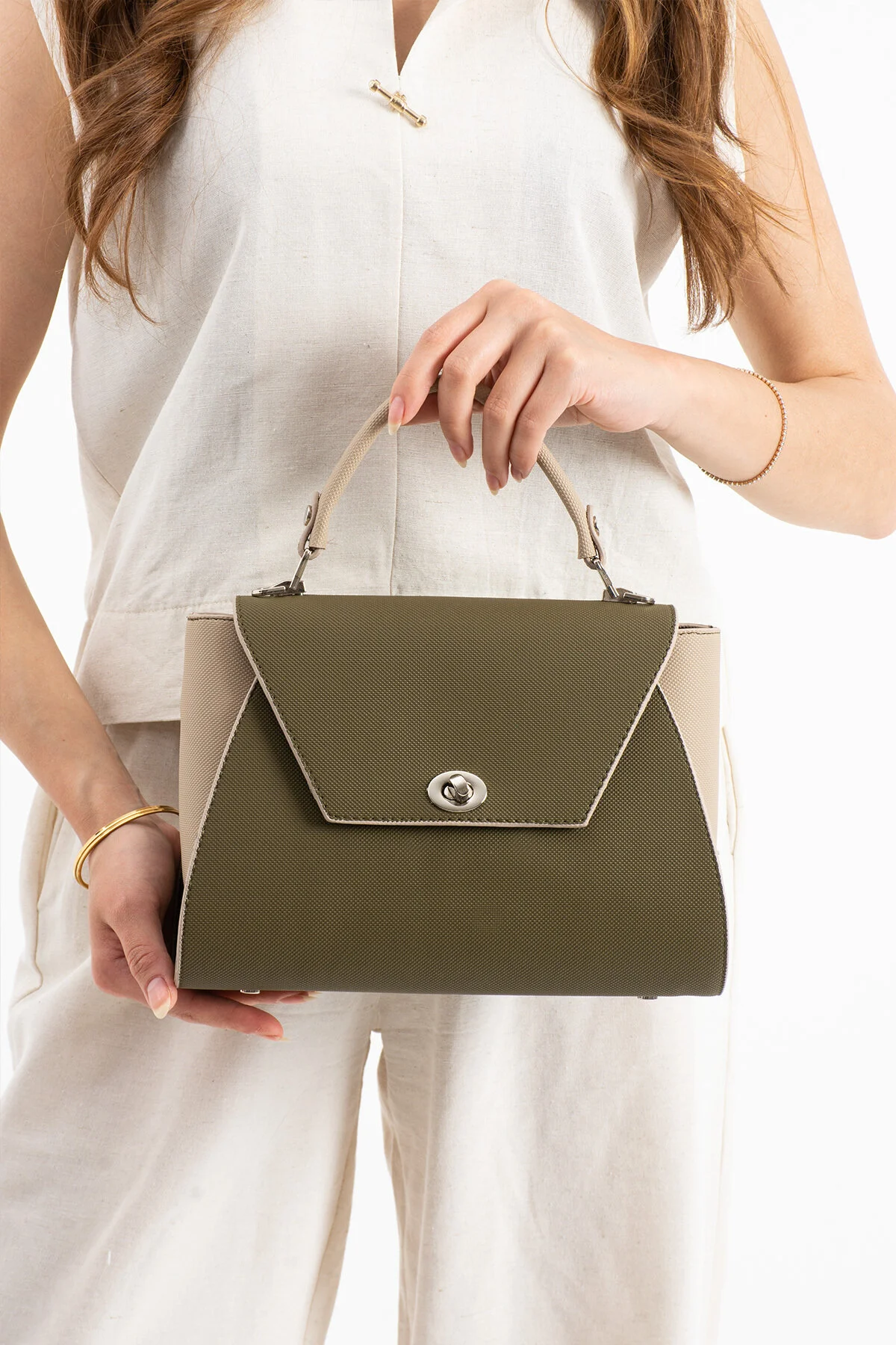 Polo Of Colors Kapaklı El ve Uzun Omuz Askılı Kadın Çanta Cüzdan Takımı - HAKİ-KREM