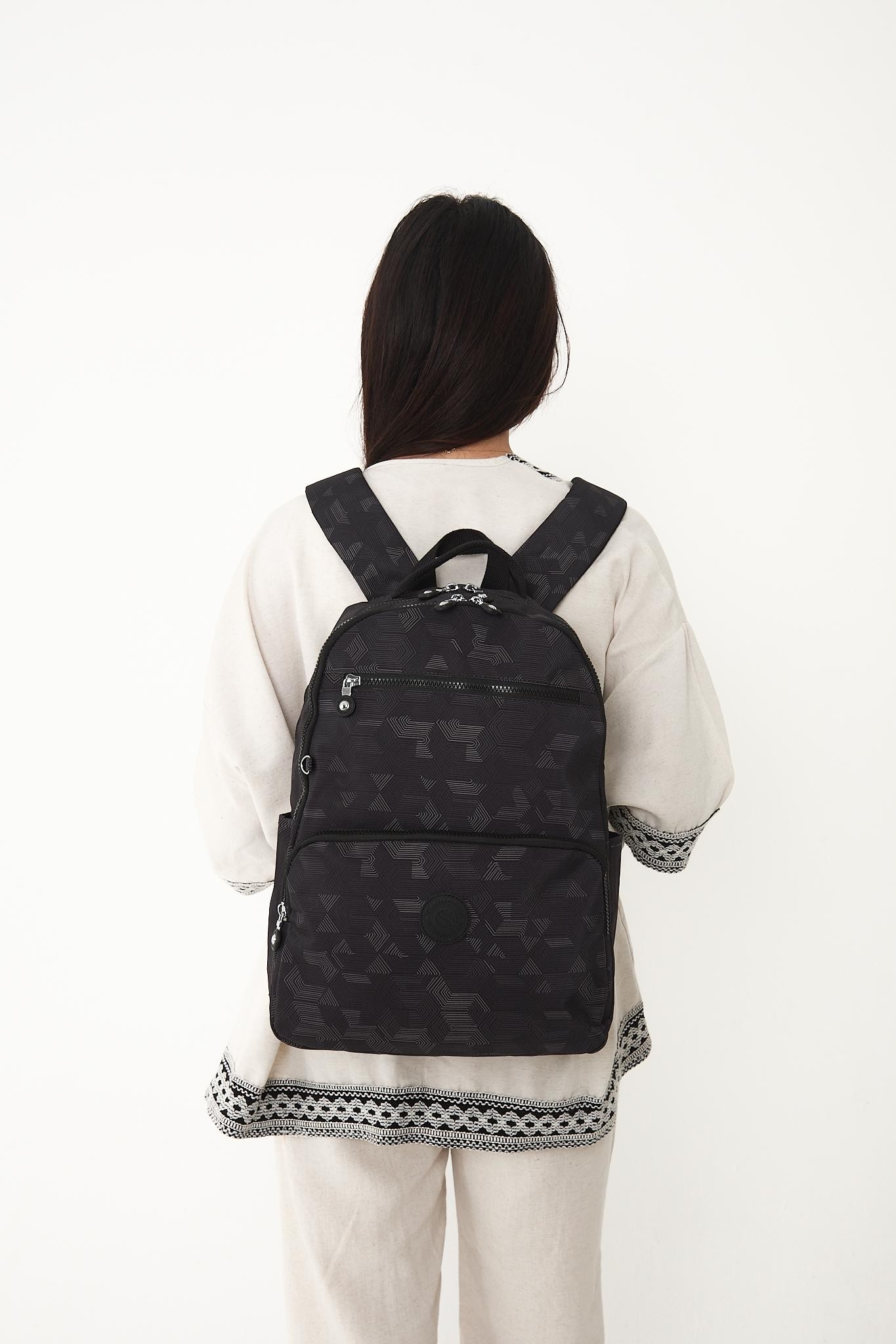 Unisex Suya Dayanıklı Orta Boy Krinkıl Kumaş Çok Gözlü Laptop Okul Ve Seyahat Sırt Çantası - SİYAH DESEN